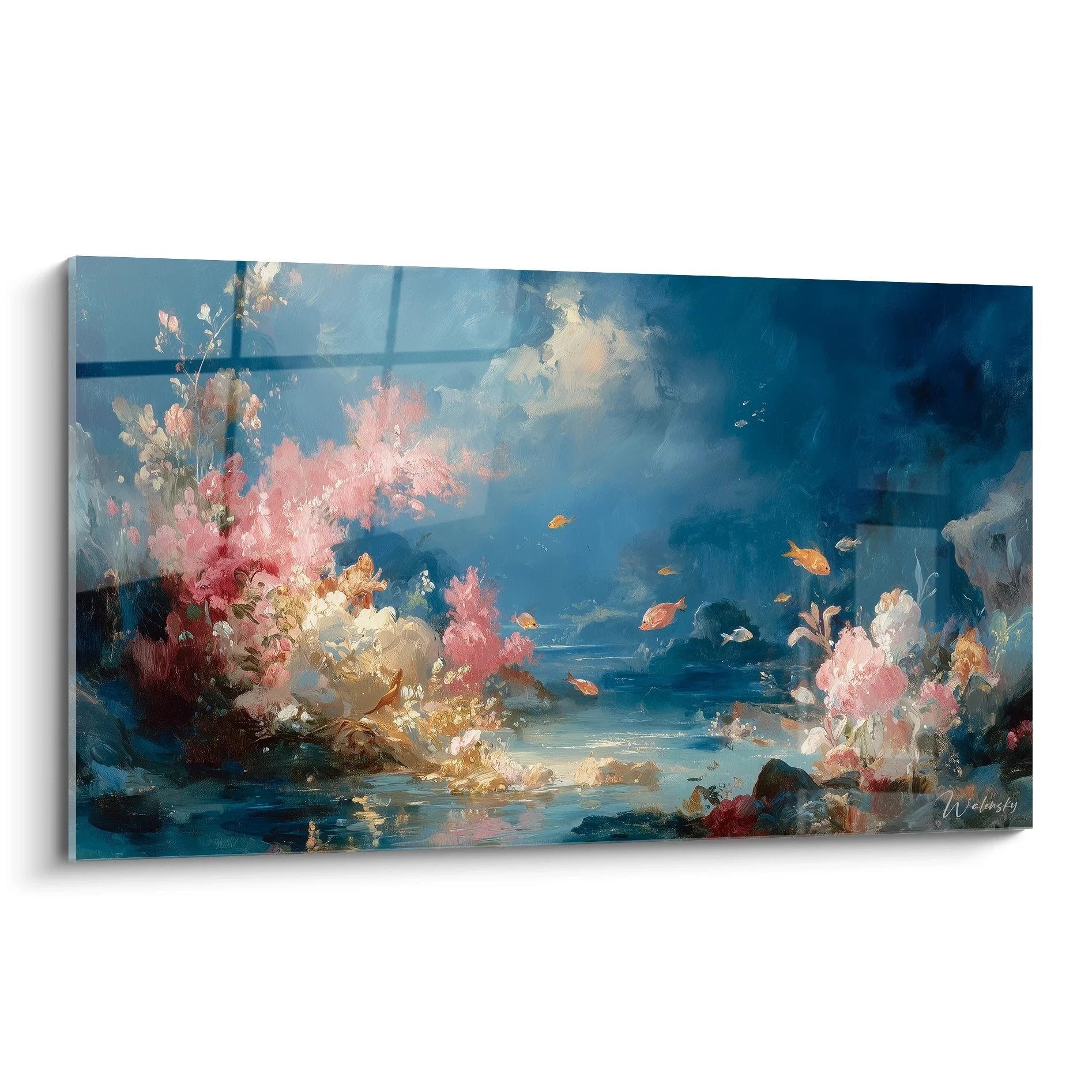 Wandbild Unterwasserwelt mit bunten Korallen und tropischen Fischen in blauer Meereslandschaft