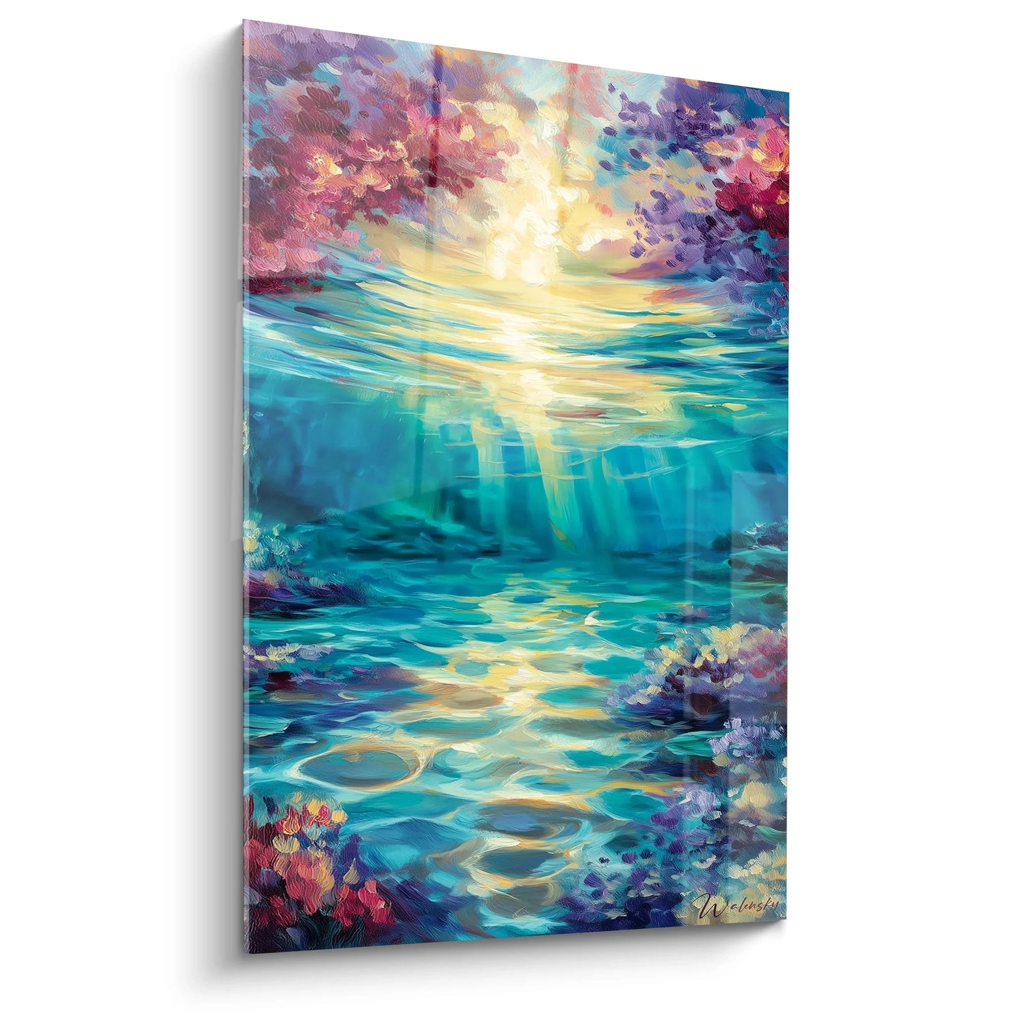 Wandbild Unterwasserwelt mit bunten Korallen und mystischem Lichtspiel durch Wasseroberfläche