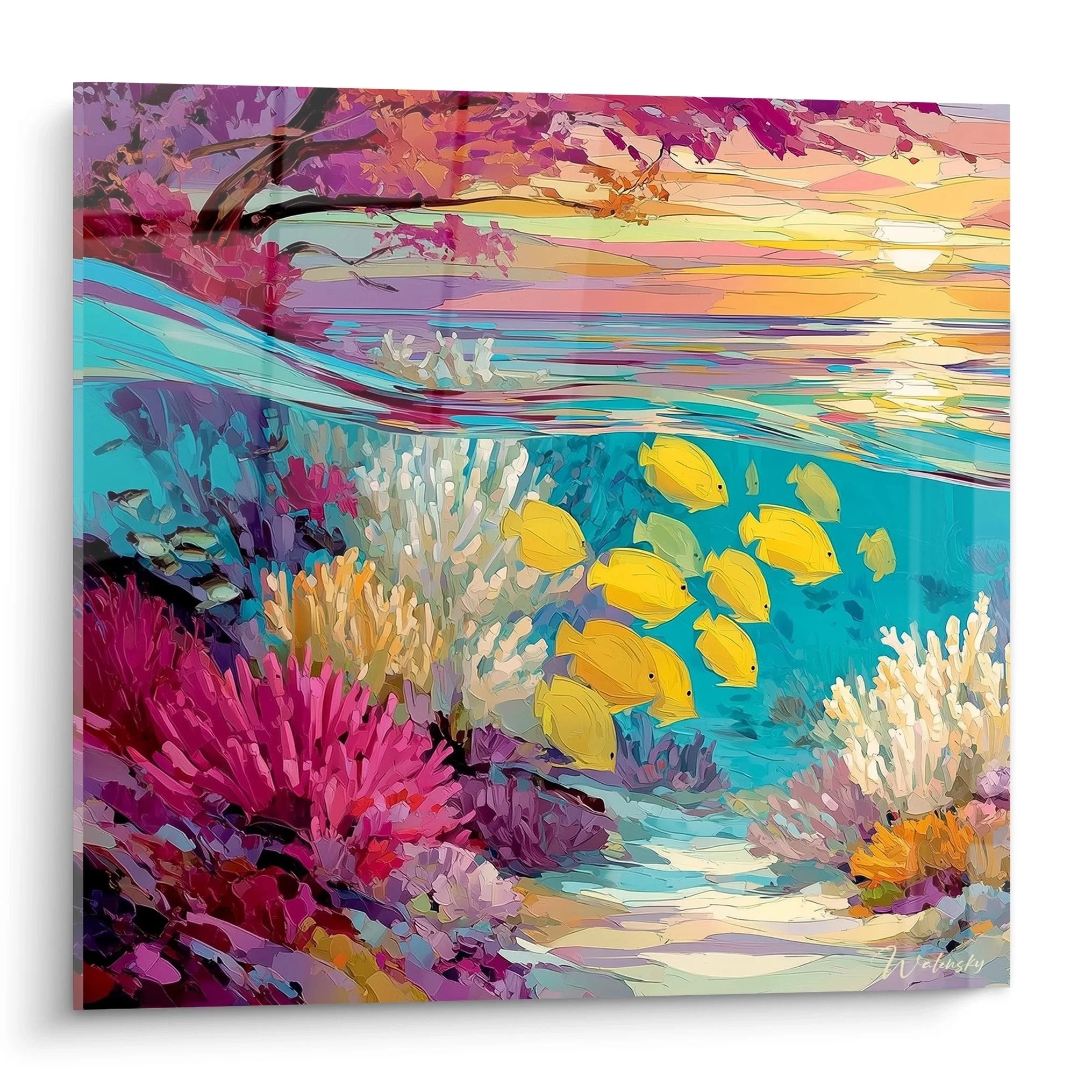 Wandbild Unterwasserwelt mit buntem Korallenriff und gelben Fischen bei Sonnenuntergang - Edition Wüste