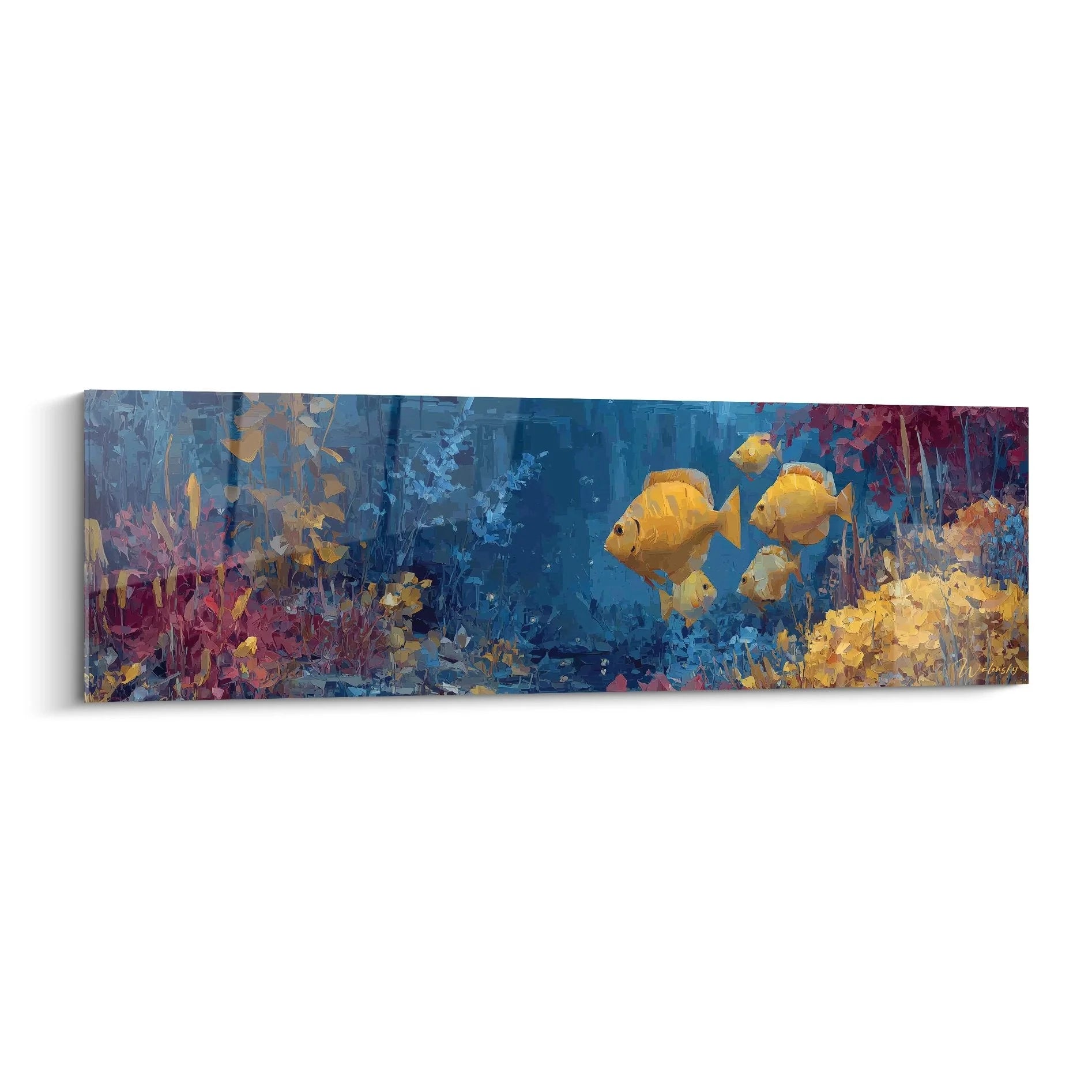Wandbild Unterwasserwelt mit goldenen tropischen Fischen und bunten Korallen im Panoramaformat