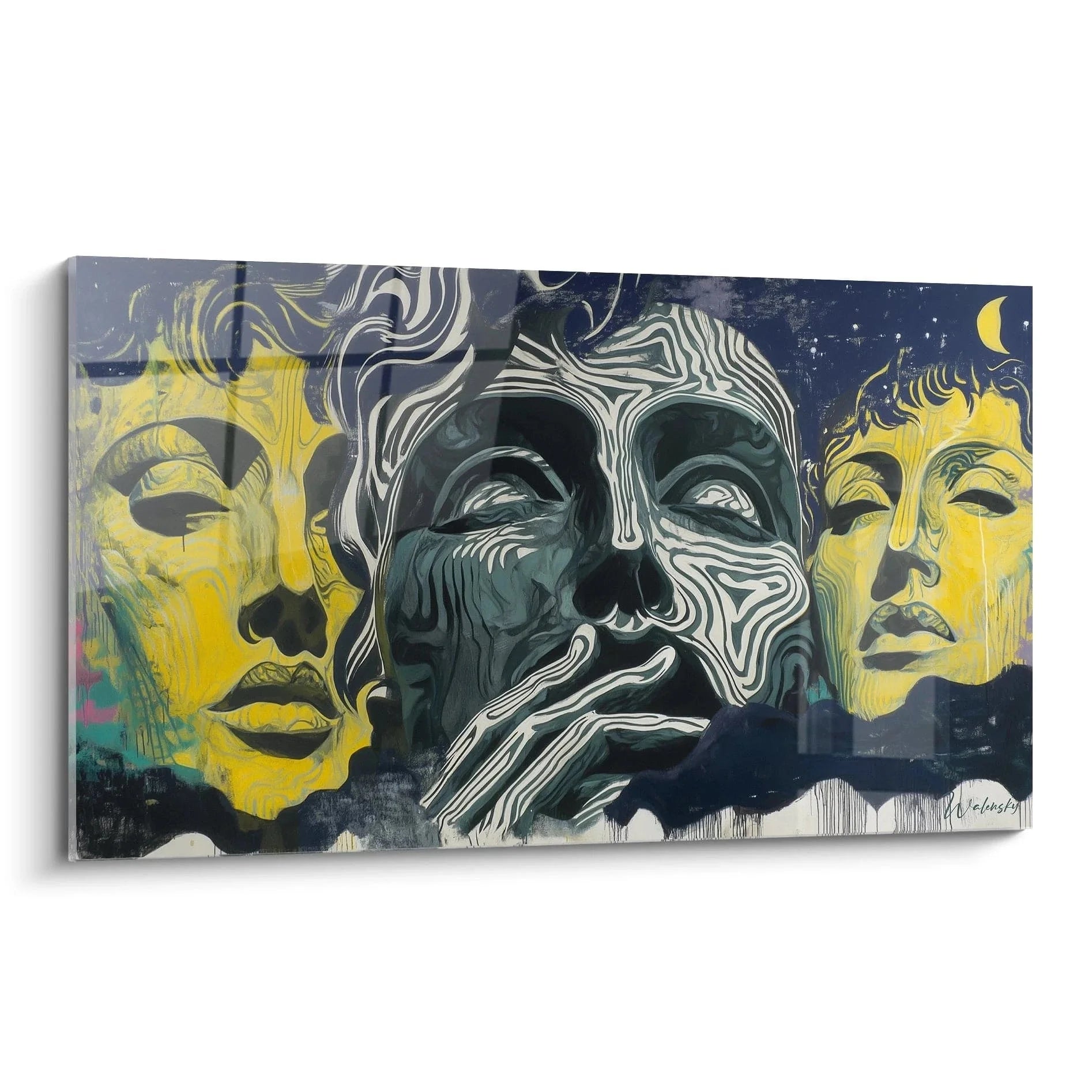 Wandbild Vanitas Porträts drei Gesichter gelb blau moderne Kunst Premium Kunstdruck Wanddekoration