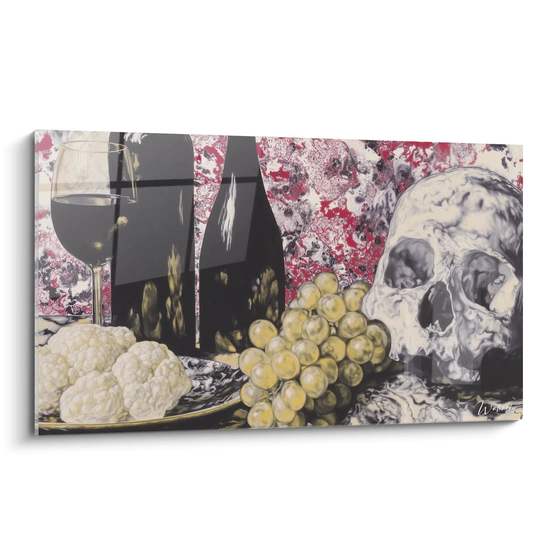 Wandbild Vanitas Stillleben mit Totenschädel, Weinglas, Weintrauben und Blumenkohl auf marmoriertem Hintergrund