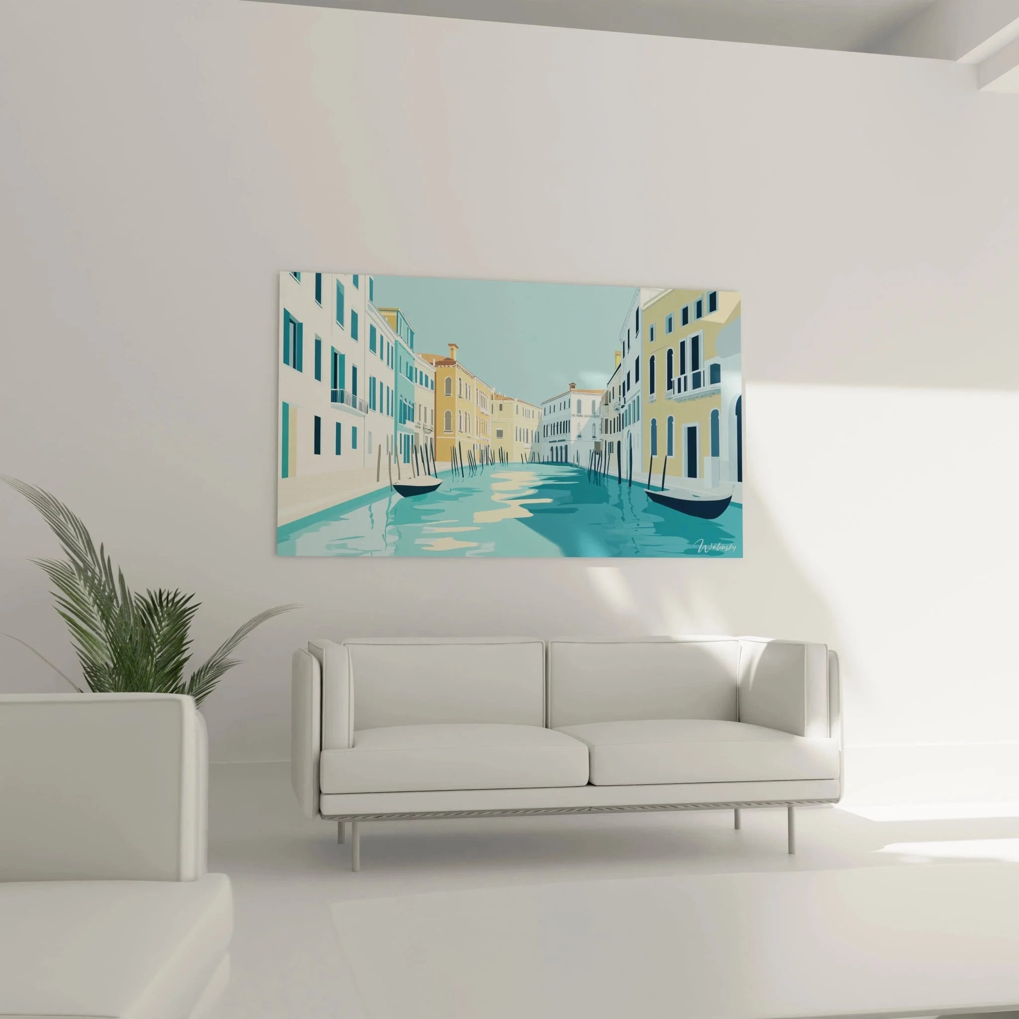 Detailansicht Wandbild Venedig - bunte Häuser am Kanal mit Gondeln und venezianischer Architektur