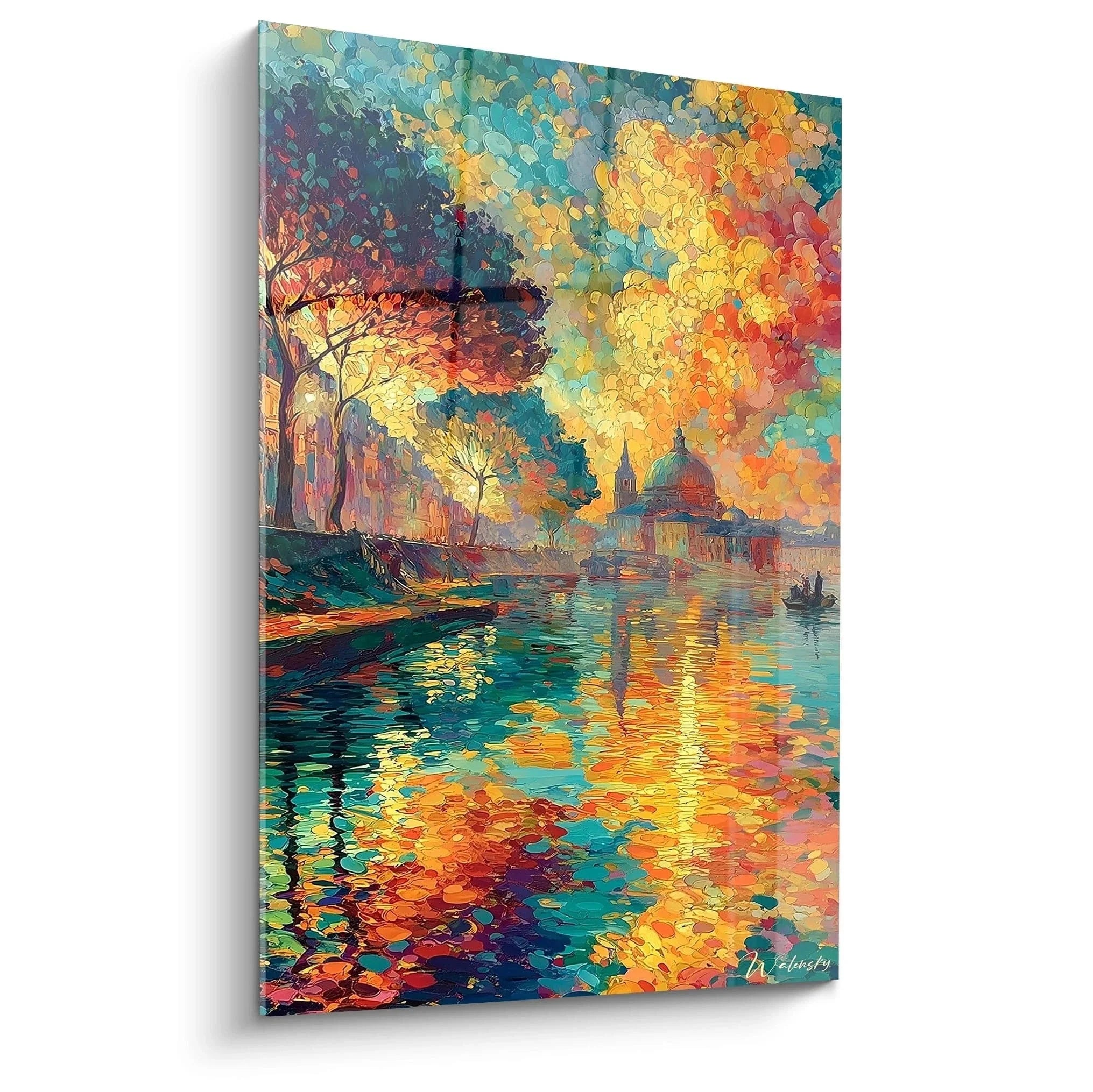 Wandbild Venedig Herbst Pointillismus Technik mit Kanal und Markusdom im romantischen Abendlicht