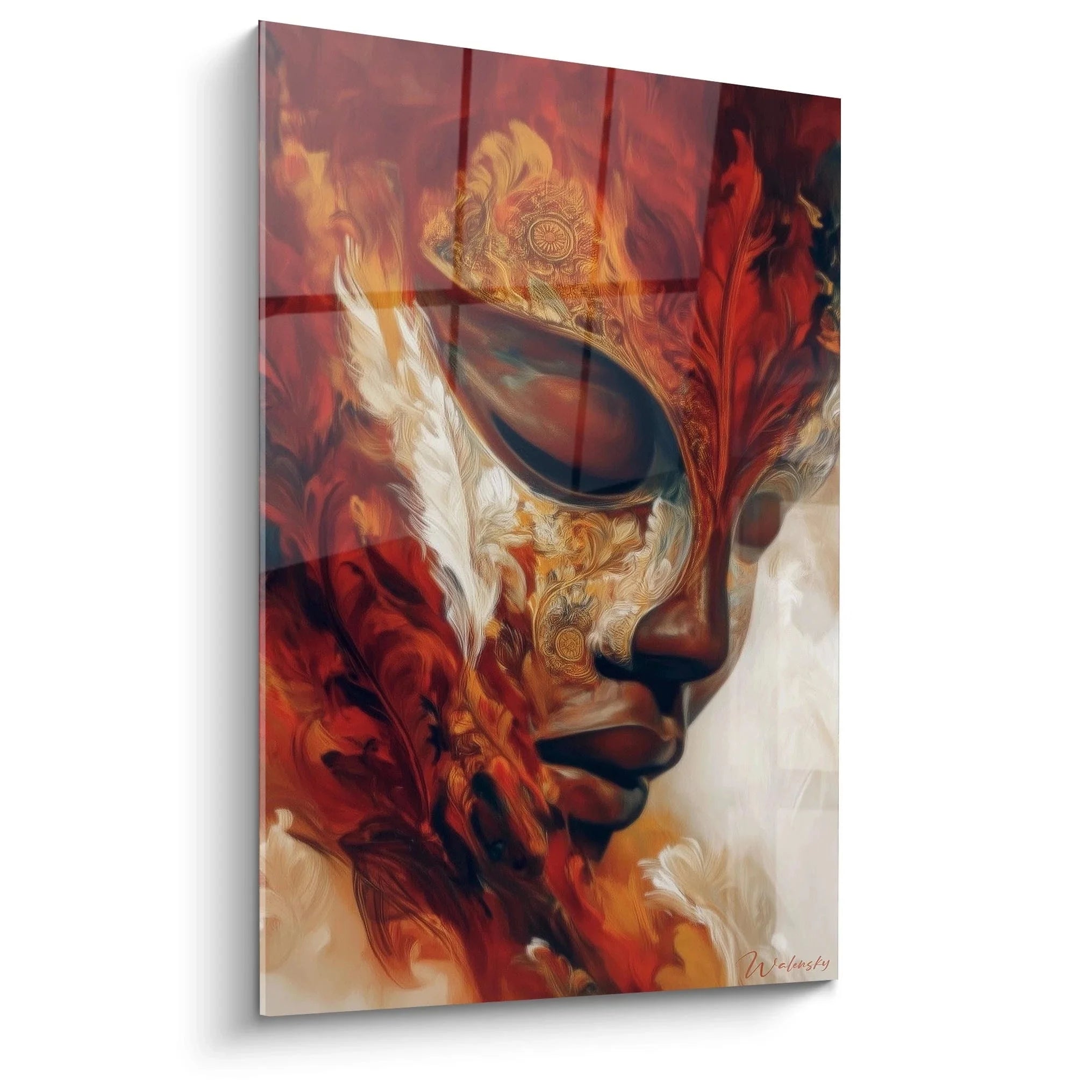 Wandbild venezianische Maske mit Flammenornamenten in Rot und Gold - Edition Afrikanische Maske