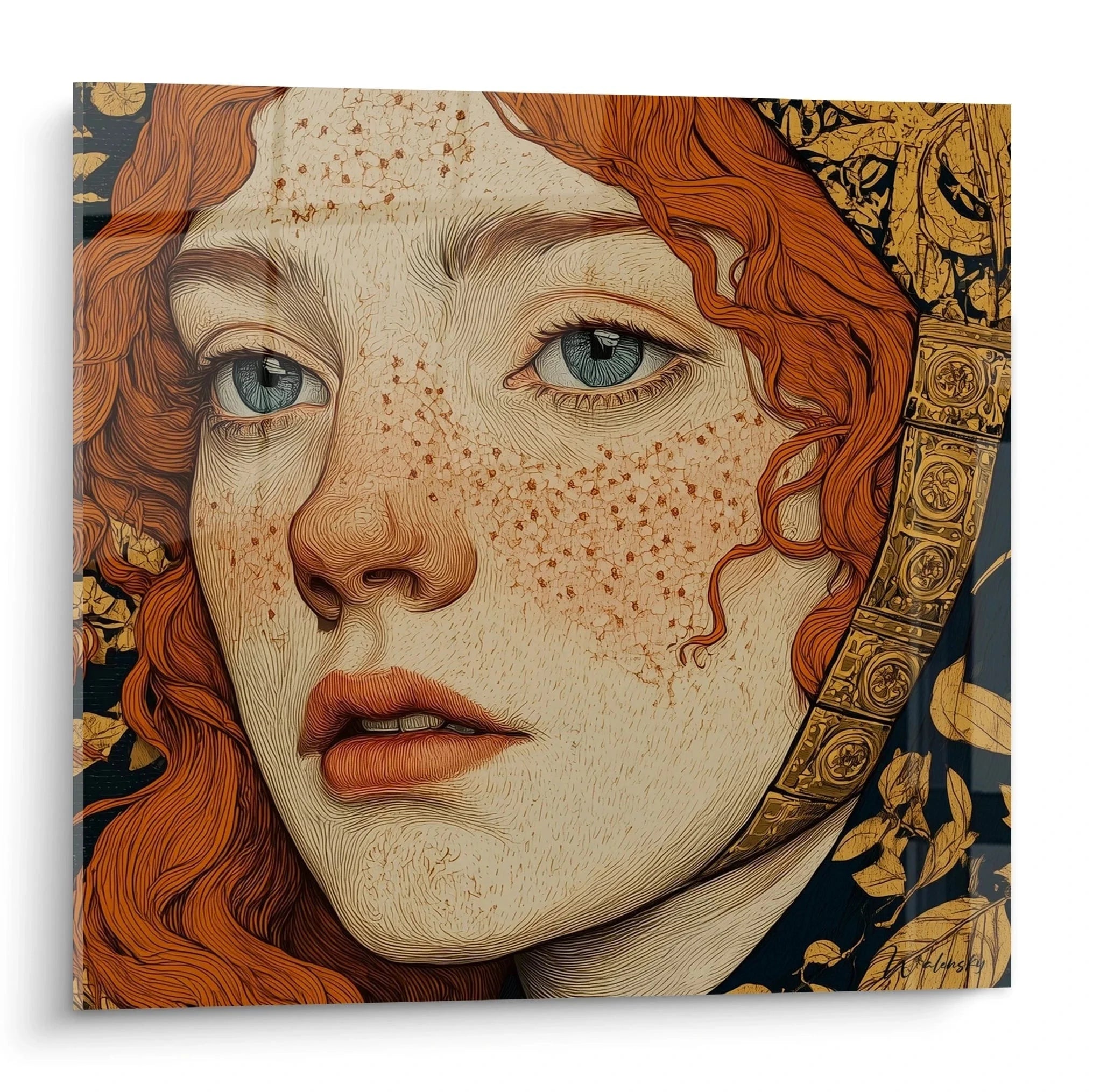 Wandbild Venus Porträt im Jugendstil mit kupferrotem Haar und goldenen Ornamenten