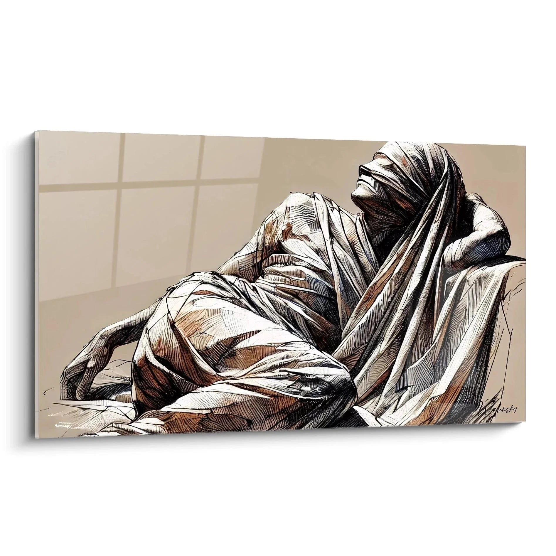 Wandbild verhüllte Figur in meditativer Pose, abstrakte Körperkunst in Brauntönen für Wanddekoration