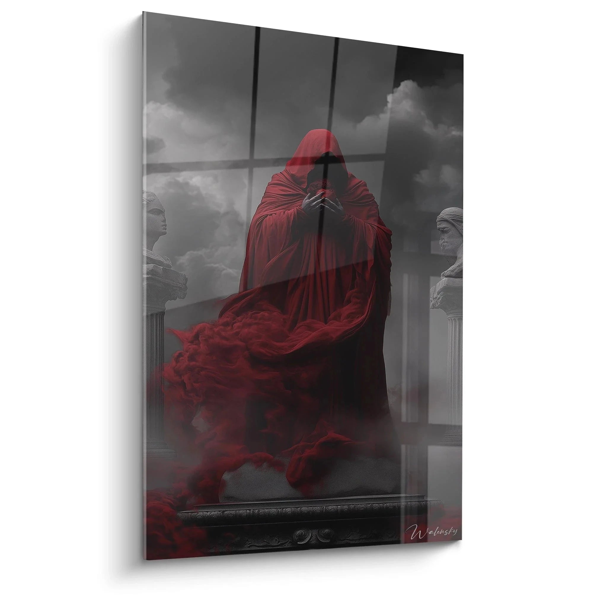 Wandbild verhüllte Gestalt in rotem Gewand zwischen antiken Säulen - Edition Goya Kunstdruck