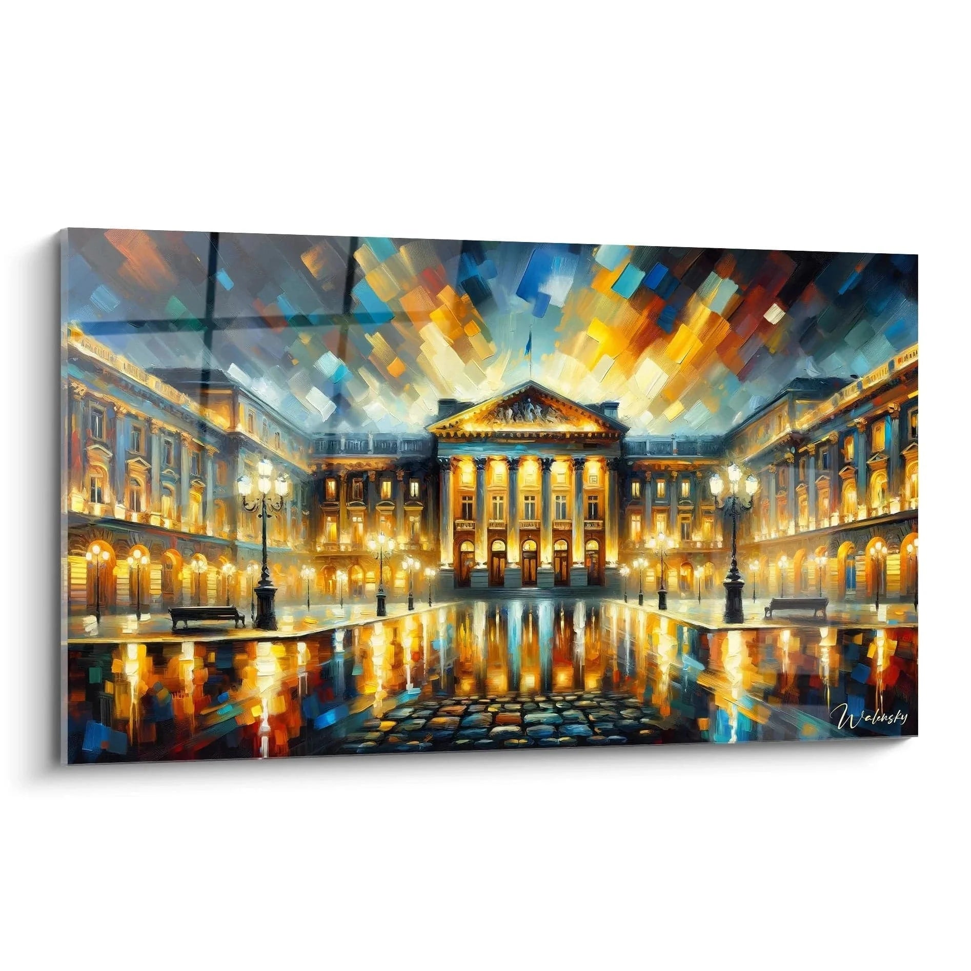 Wandbild Versailles Palast bei Nacht mit goldener Beleuchtung und klassischer französischer Architektur
