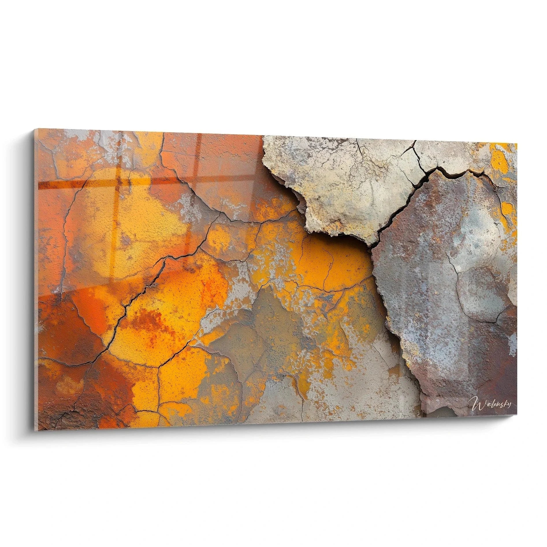 Wandbild verwitterte Mauer mit rostigen Texturen und abblätternder Farbe in Orange und Grau