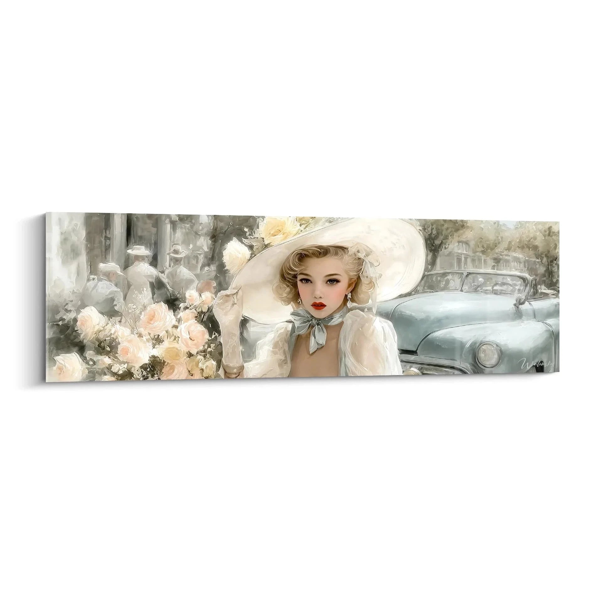 Wandbild elegante Vintage Dame mit weißem Hut und Rosen vor klassischem türkisem Auto im Retro Stil