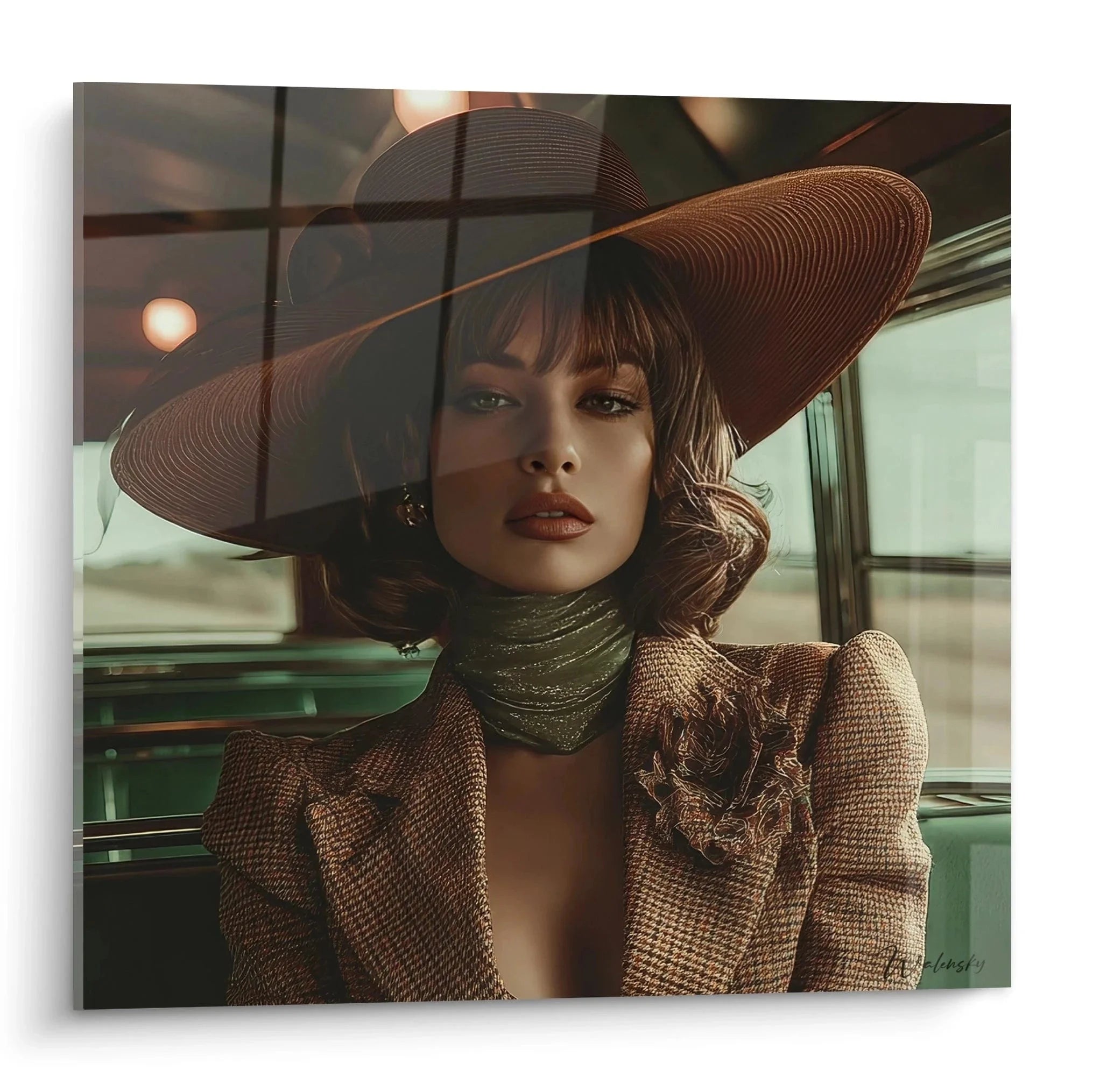 Elegantes Wandbild einer stilvollen Dame mit breitkrempigen Hut in Vintage Mode Jacke und grünem Schal