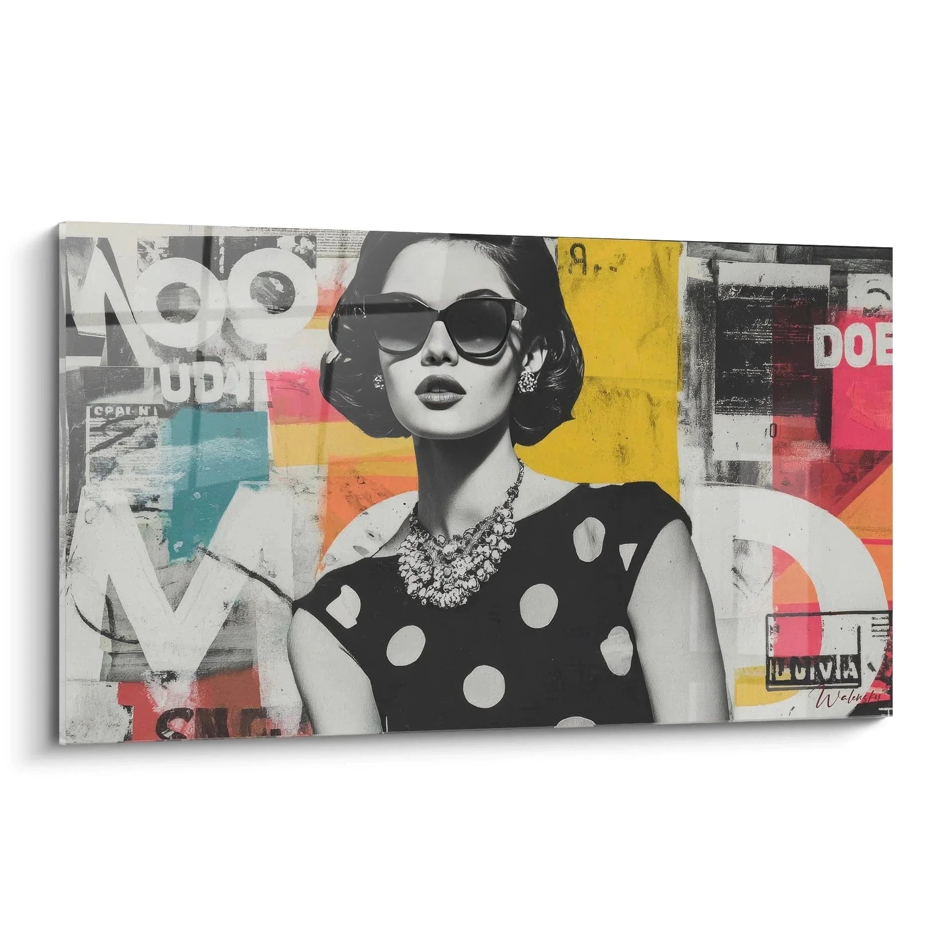 Wandbild Vintage Dame mit Sonnenbrille und Pünktchenkleid in Pop-Art Stil für moderne Wanddekoration