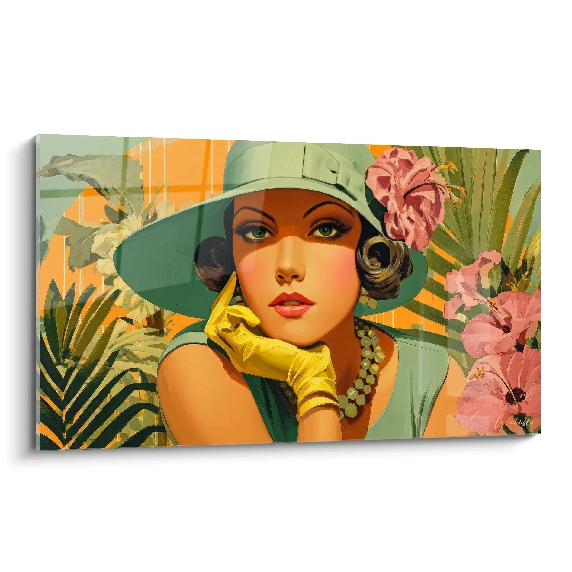 Wandbild Vintage Dame mit grünem Hut und tropischen Blüten, elegante Retro Wanddeko für Wohnzimmer