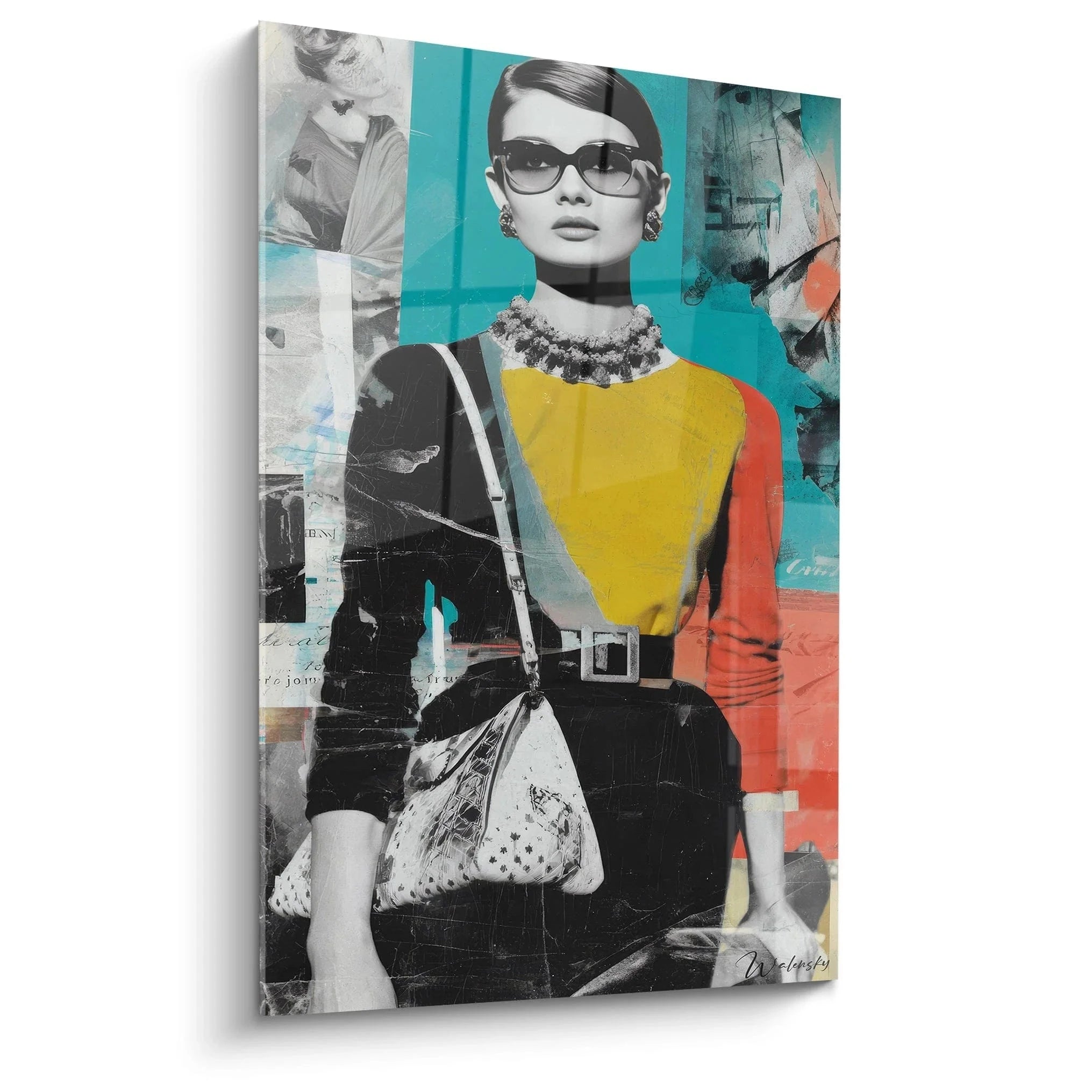 Wandbild Vintage Fashion Pop-Art elegante Frau mit Sonnenbrille bunte Collage