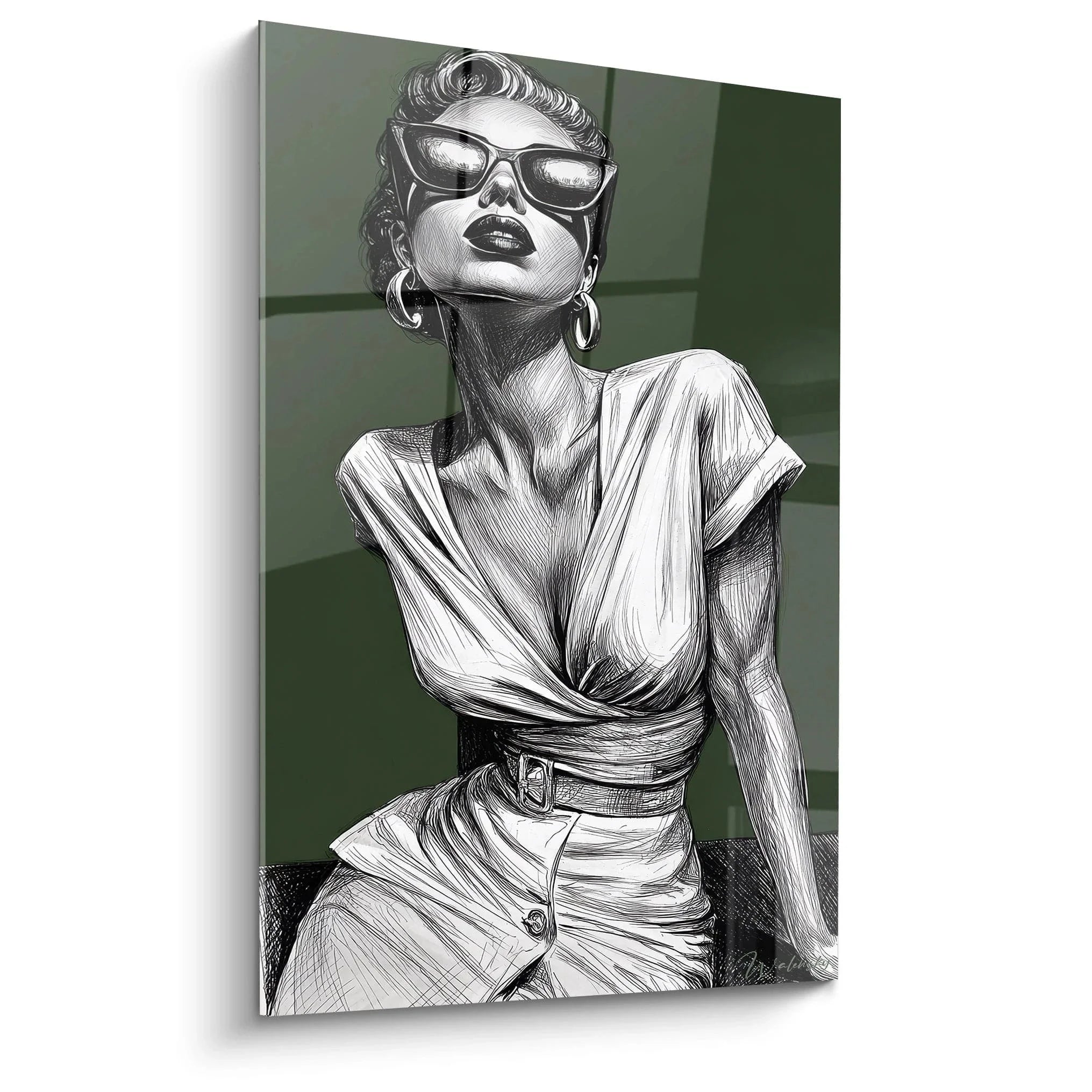 Wandbild Vintage Frau mit Sonnenbrille - Elegante Modeillustration in Schwarz-Weiß auf grünem Hintergrund