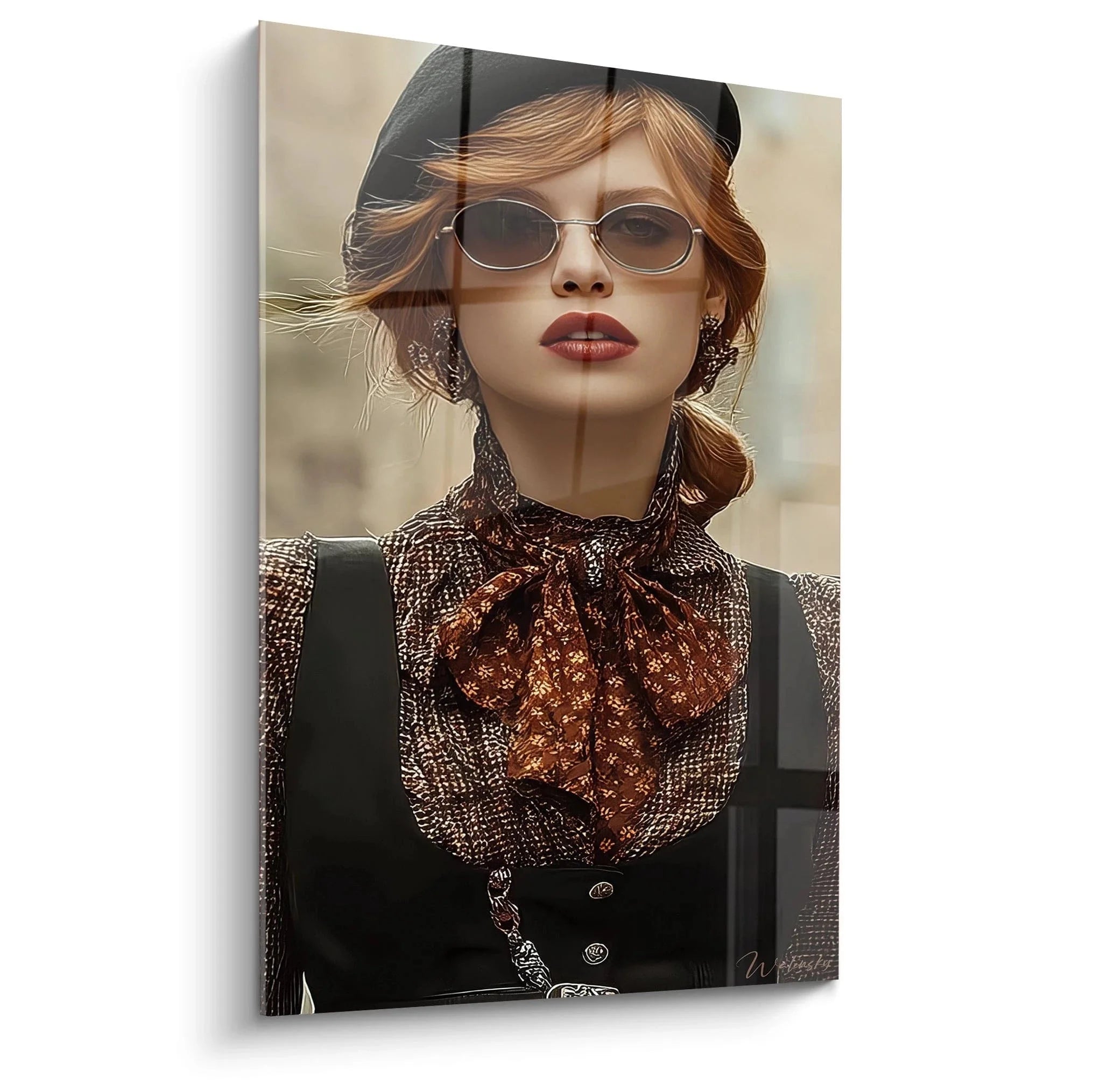 Wandbild elegante Frau mit Sonnenbrille und Hut im Vintage Stil, Retro Mode Dekoration für Wohnzimmer