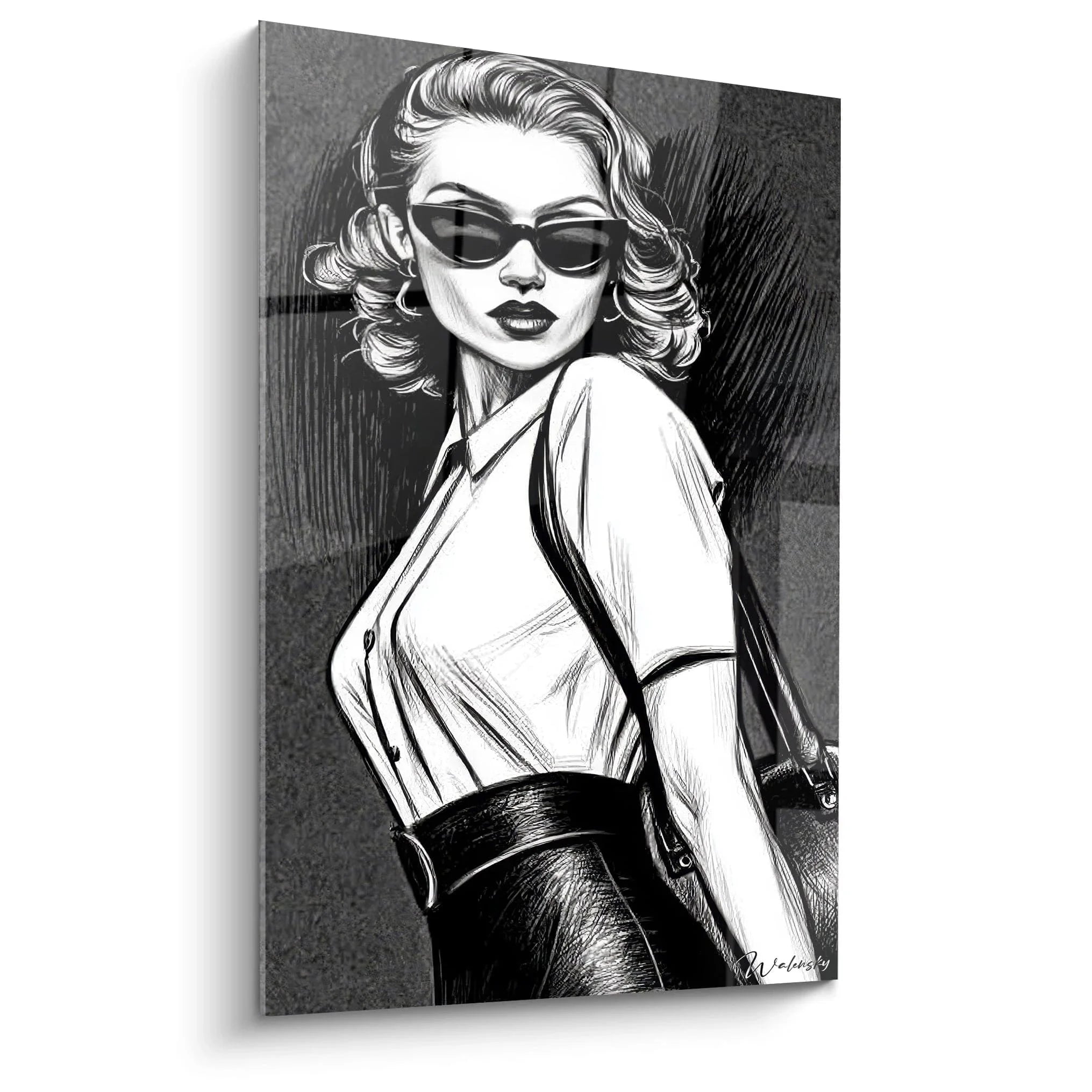 Wandbild Vintage Pin-Up mit Sonnenbrille in schwarz-weiß Retro Glamour Stil Modeillustration
