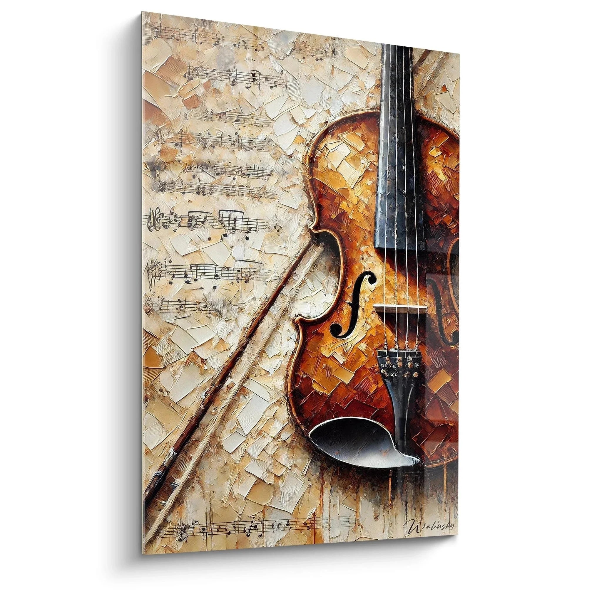 Wandbild Violine abstrakt mit Musiknoten und geometrischen Elementen in Braun-Gold-Tönen