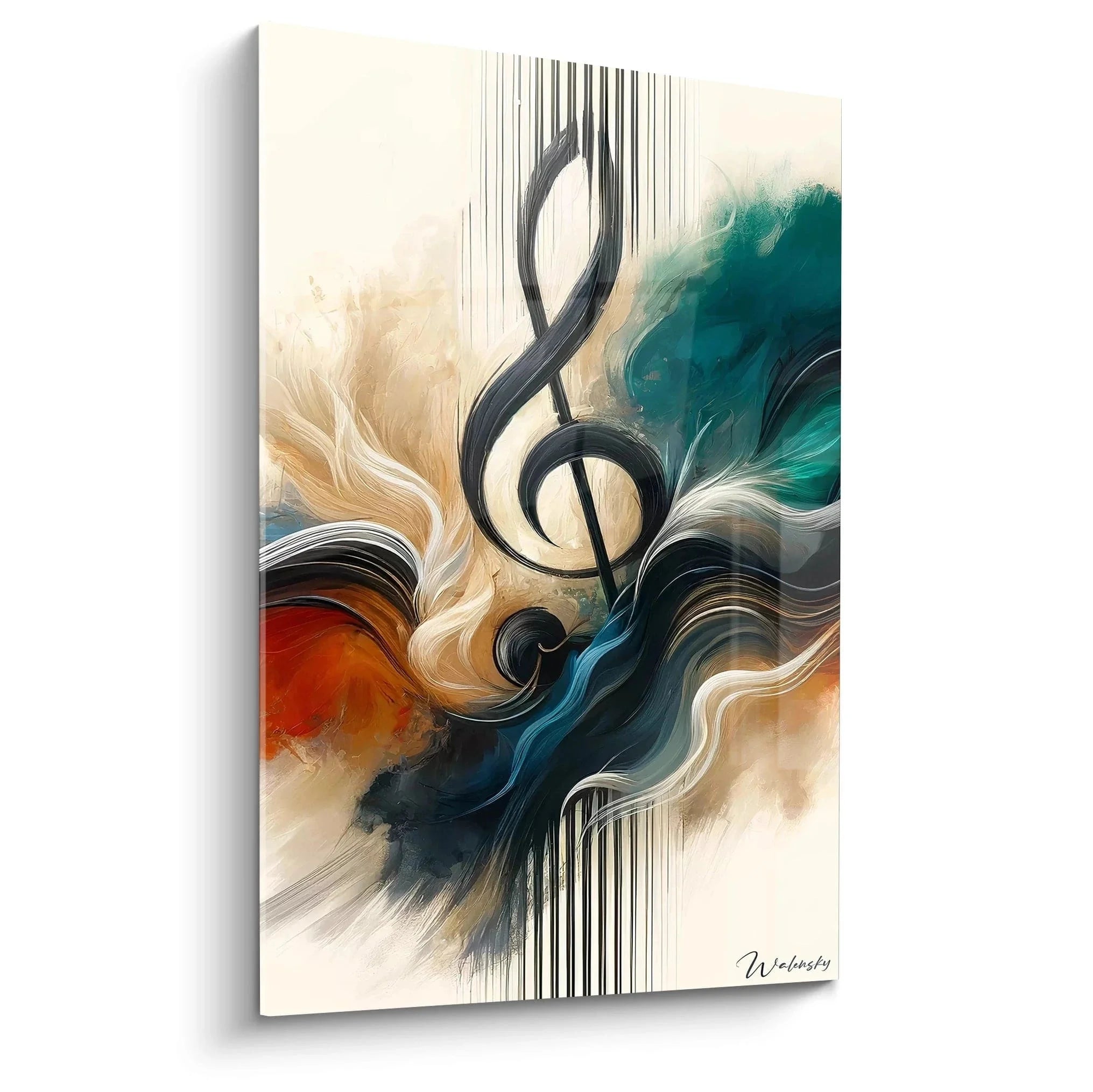 Wandbild Violinschlüssel abstrakt mit türkisen und orangen Farbwirbeln - Moderne Musikkunst