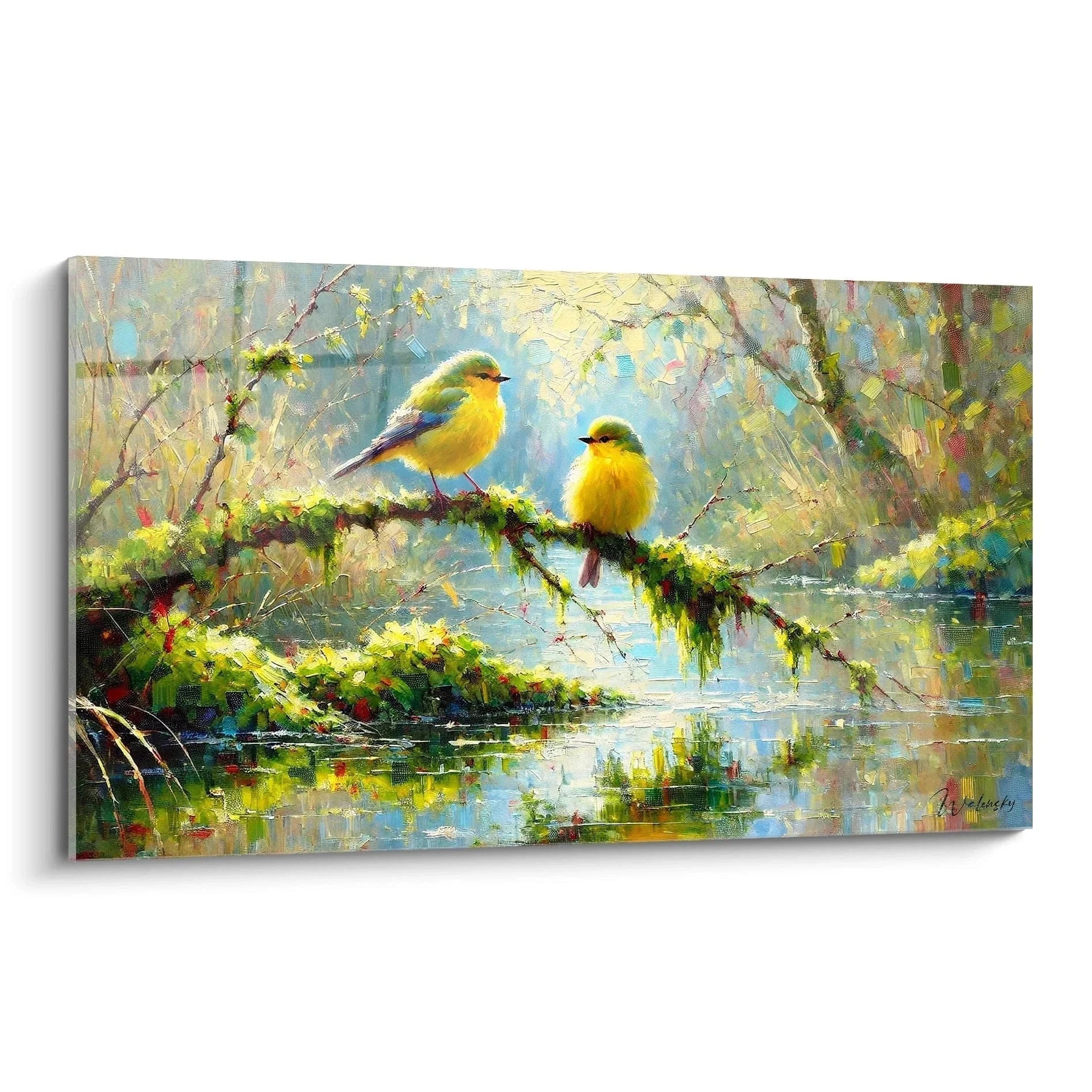 Wandbild zwei gelbe Singvögel auf moosigem Ast über Wasser - impressionistische Vogel Kunstdruck Edition Vogel