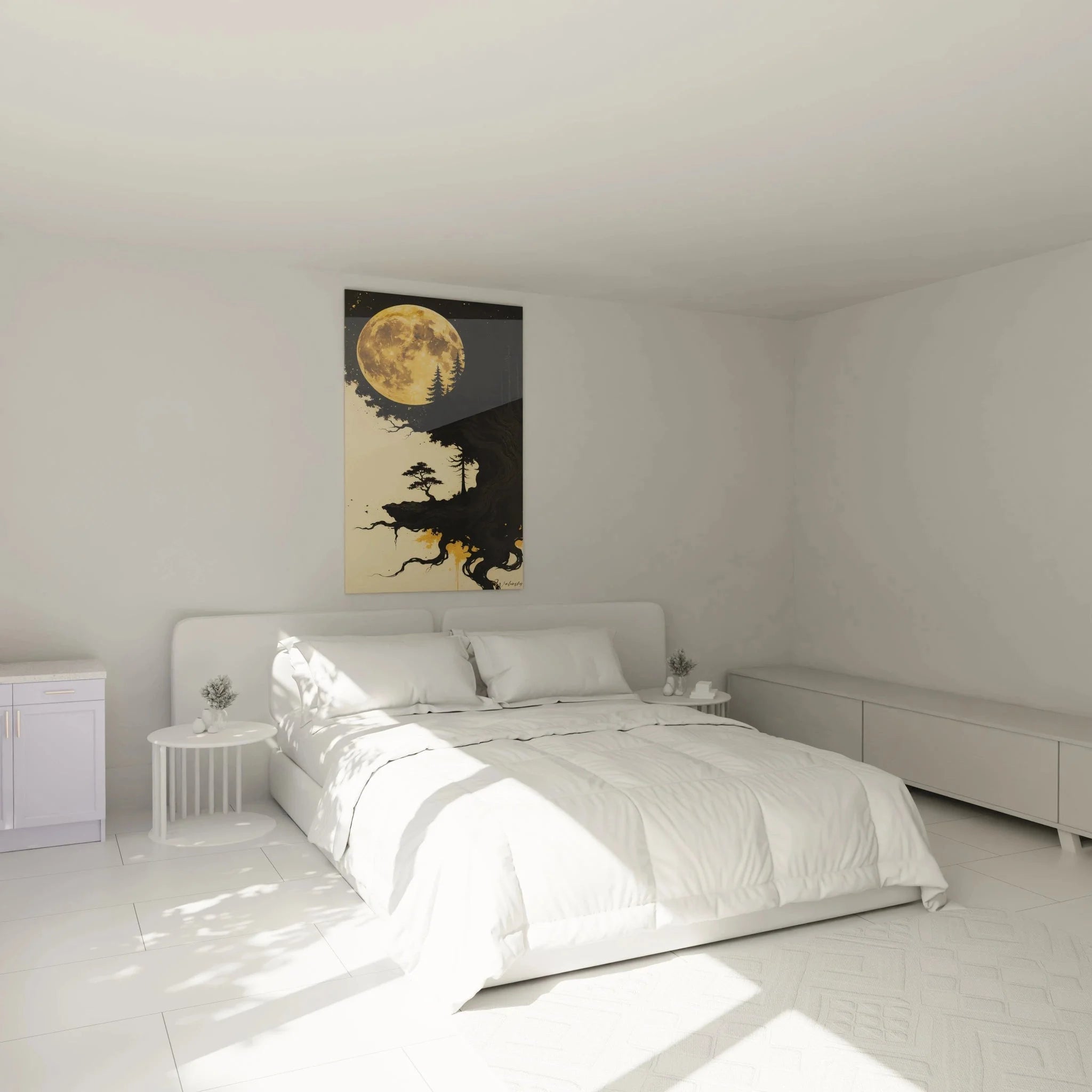 Schlafzimmer Dekoration mit Wandbild Vollmond Bonsai im japanischen Stil über dem Bett