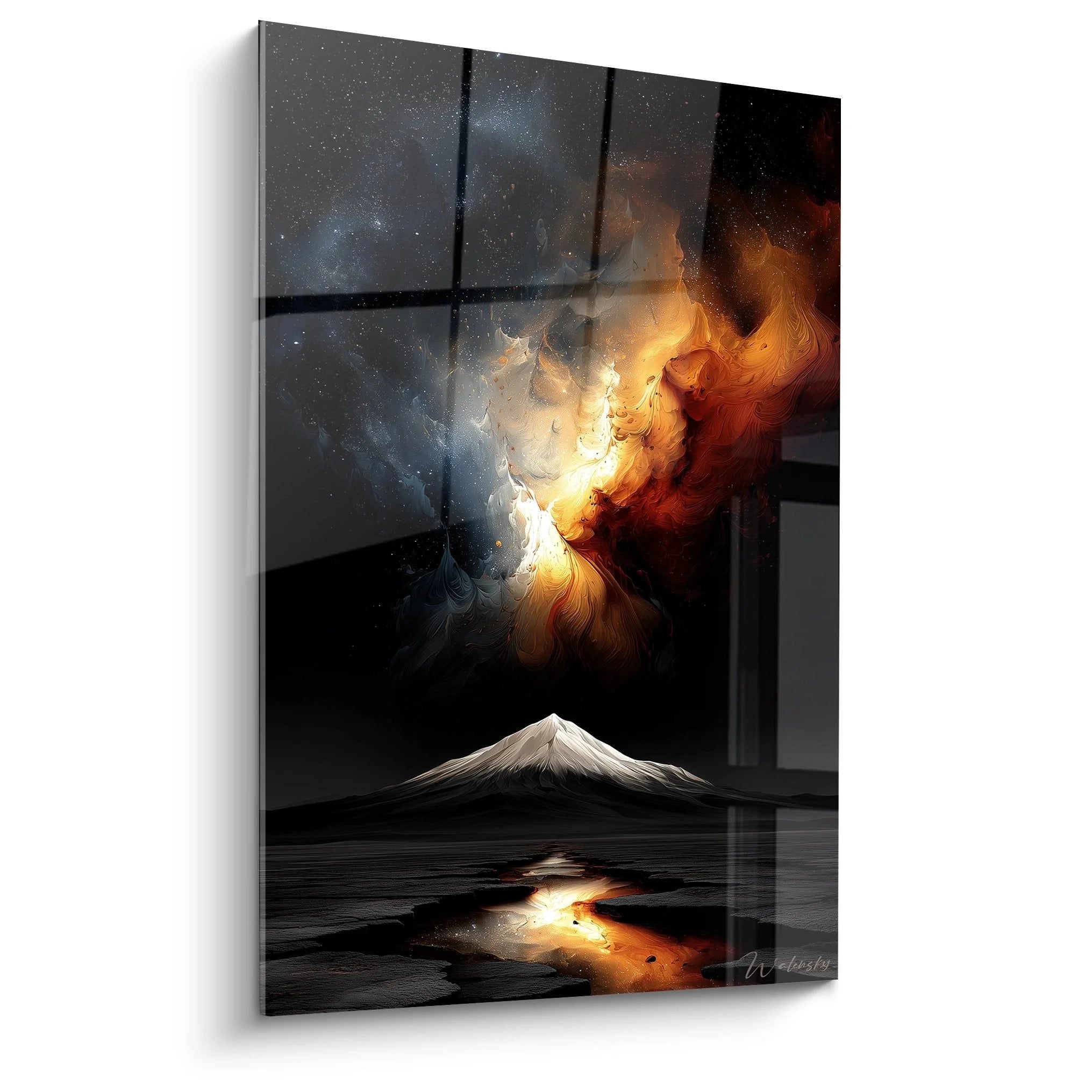 Wandbild Vulkan Feuerexplosion durch Fenster mit Sternenhimmel und Berg