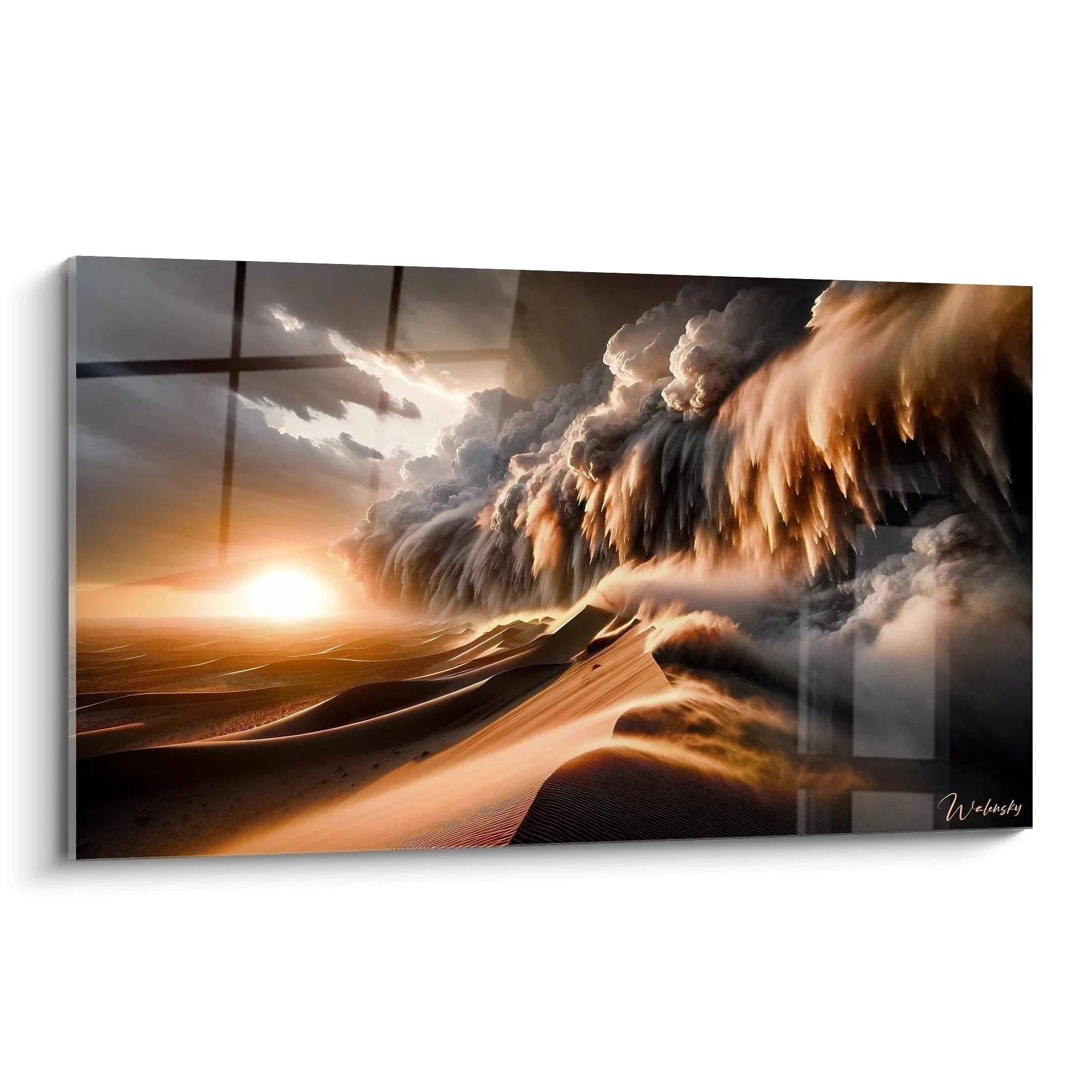 Wandbild vulkanische Wüstenlandschaft mit dramatischen Feuerwolken und goldenen Sanddünen - Edition Wüste