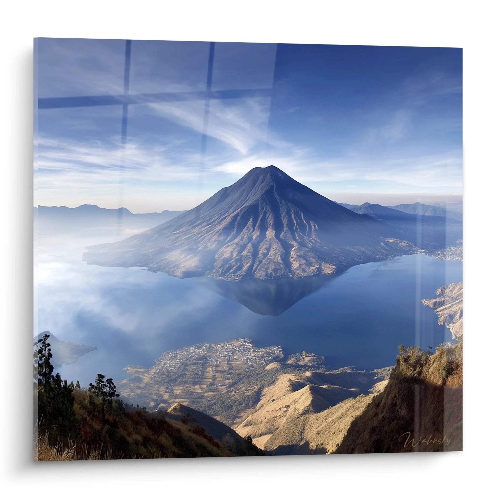 Wandbild Vulkansee mit majestätischer Bergreflektion im Atitlán-See Guatemala