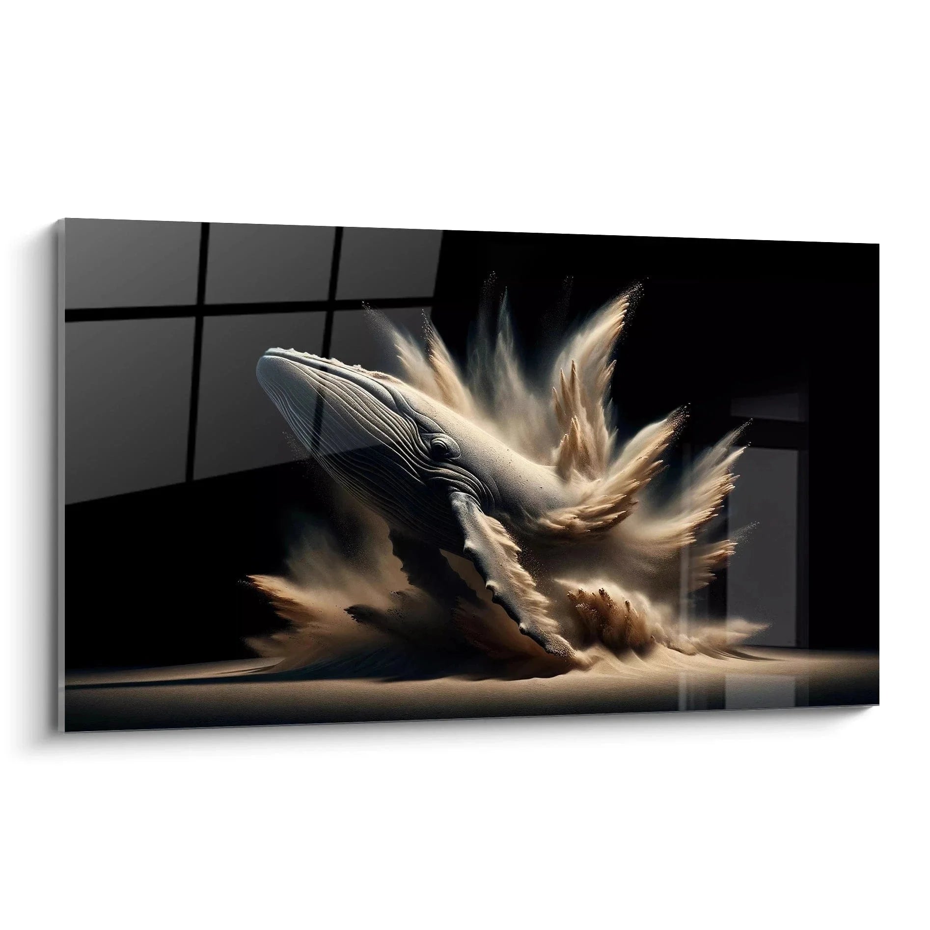 Wandbild Wal dynamische Bewegung mit wirbelnden Wassermassen in warmen Beigetönen