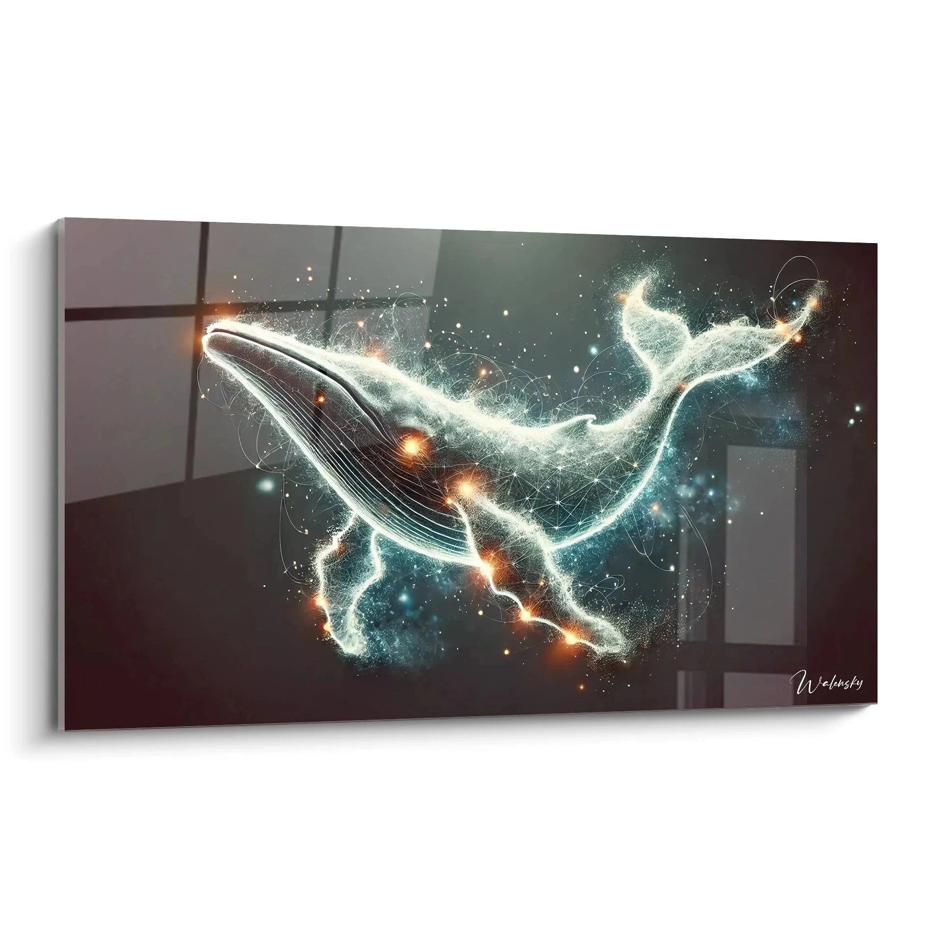 Kosmisches Wandbild Wal mit Sterneneffekten und Lichtpartikeln in Blau-Orange Farbgebung