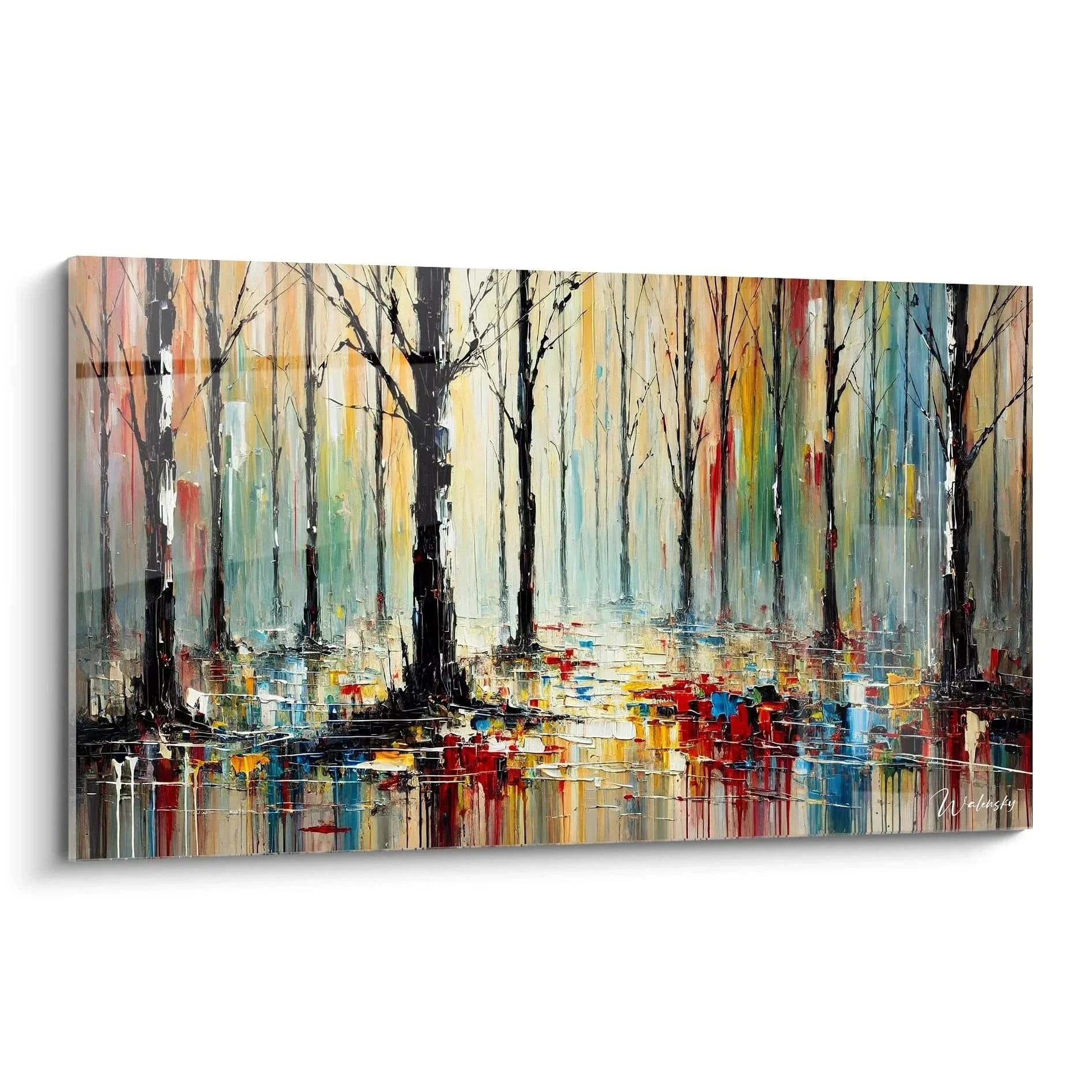 Wandbild Wald abstrakt mit bunten Herbstfarben und Baumsilhouetten in moderner Maltechnik