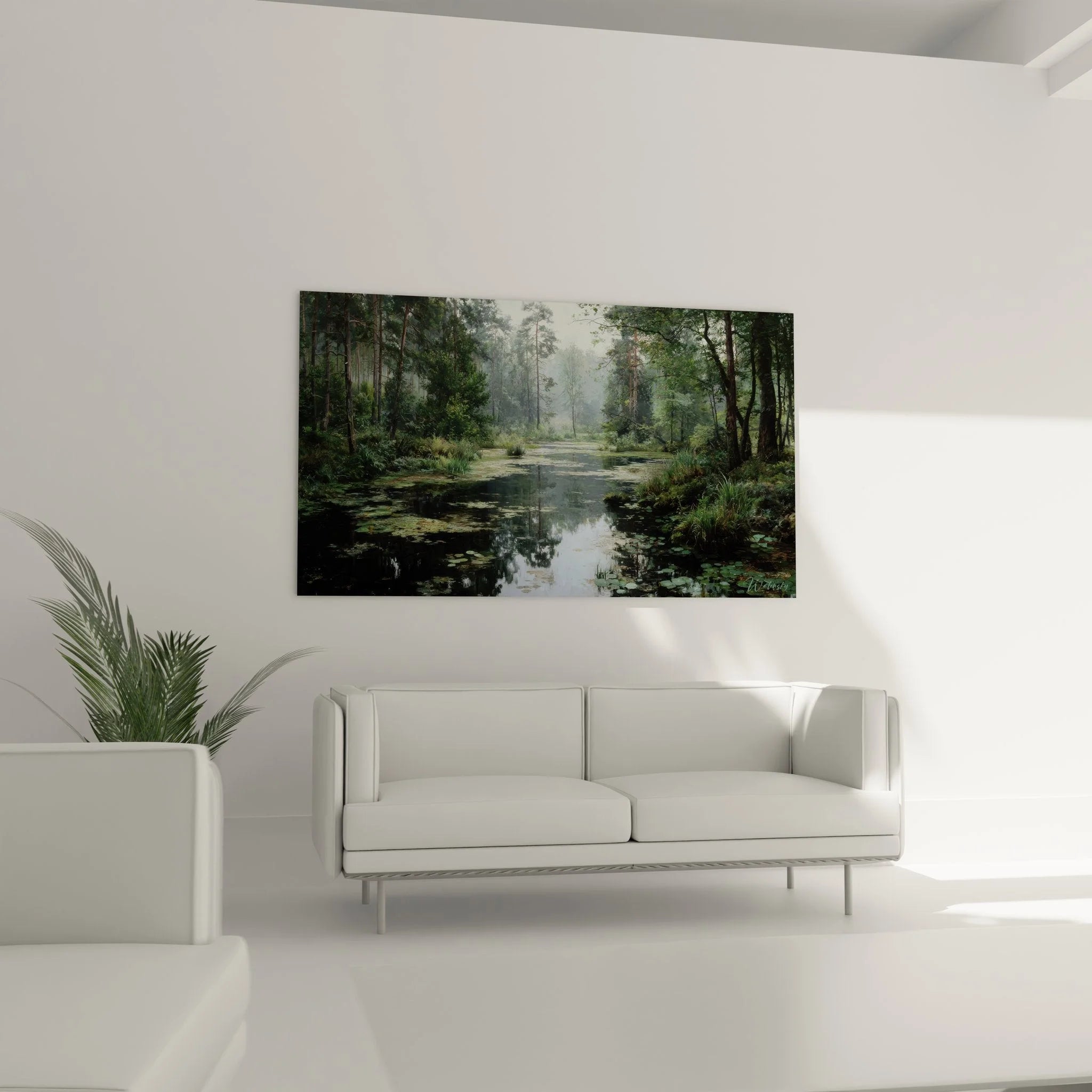 Detailansicht Wandbild Waldbach - Seerosenblätter und Wasserpflanzen im Morgennebel