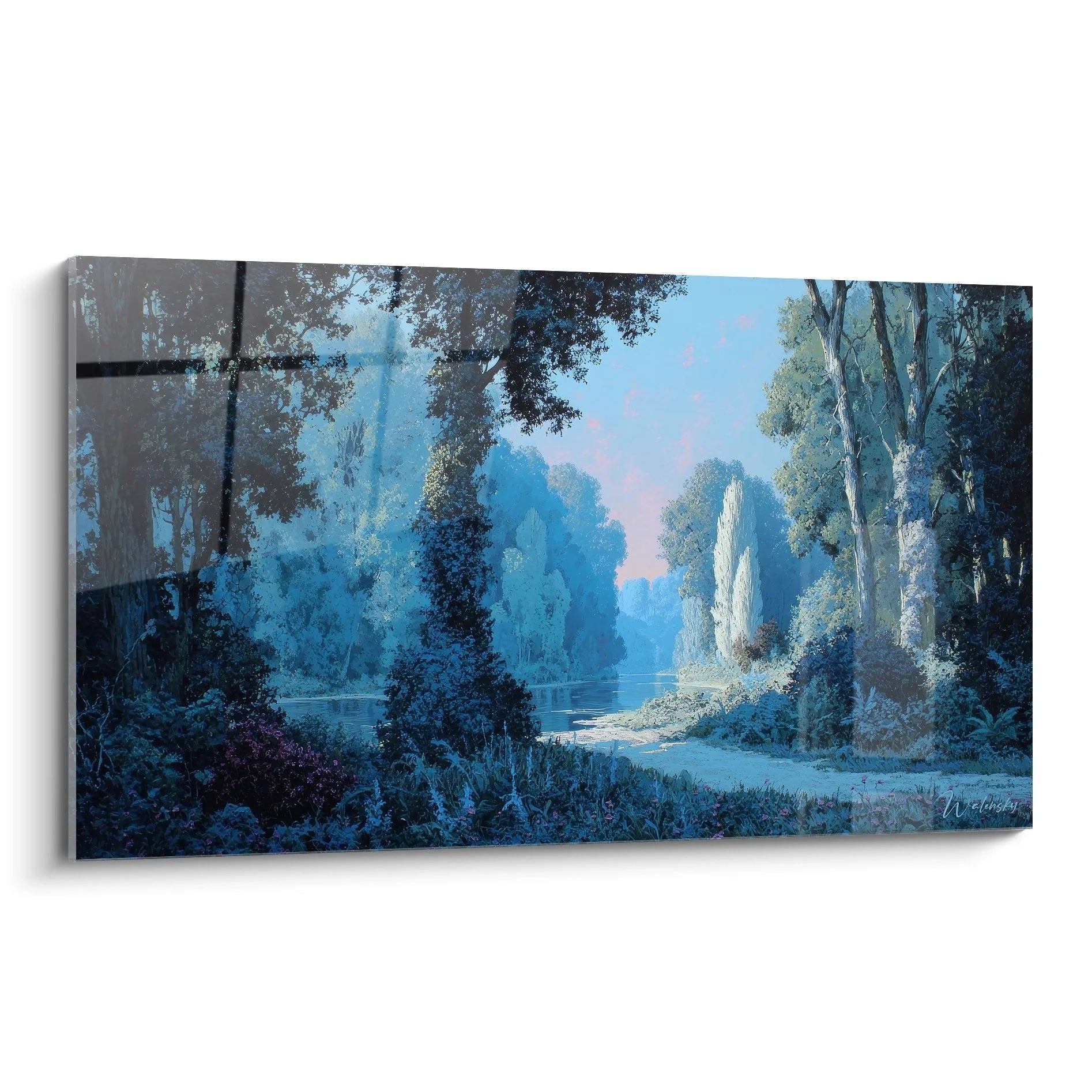 Wandbild Waldlandschaft mit mystischem See im Mondschein, bläuliche Stimmung, Premium Wanddekoration