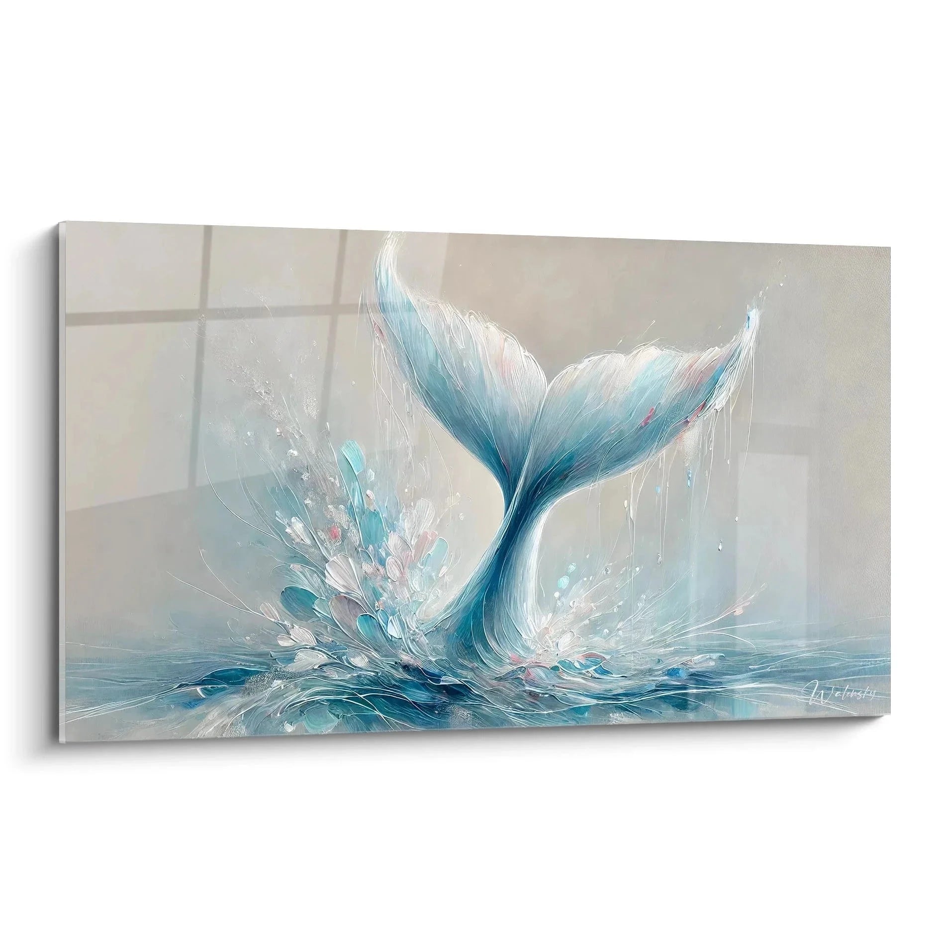 Wandbild Walschwanz abstrakt in türkis-blauen Tönen mit Wasserspritzern - Edition Wal