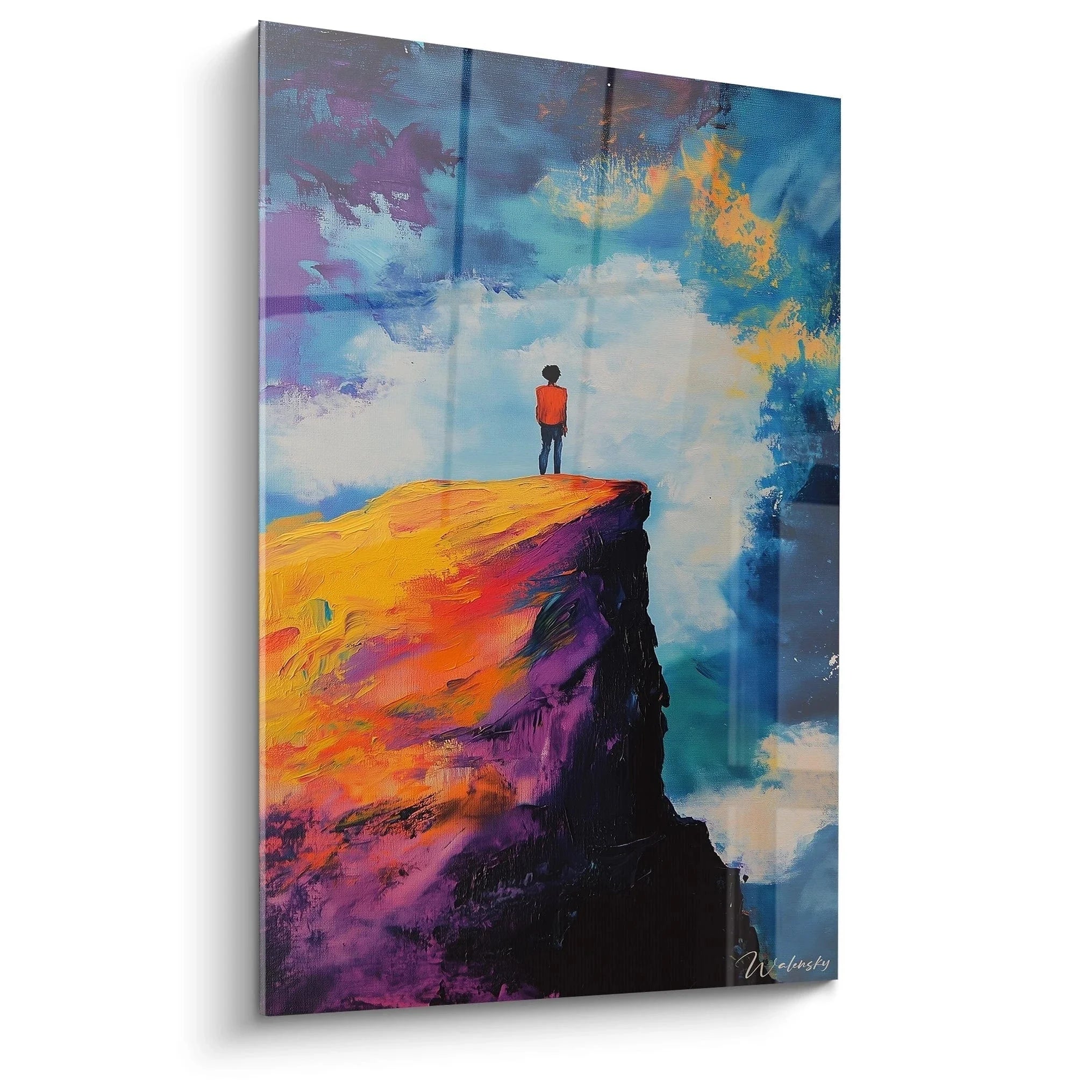 Wandbild Wanderer auf bunter Felsenklippe im Caspar David Friedrich Stil mit dramatischem Himmel