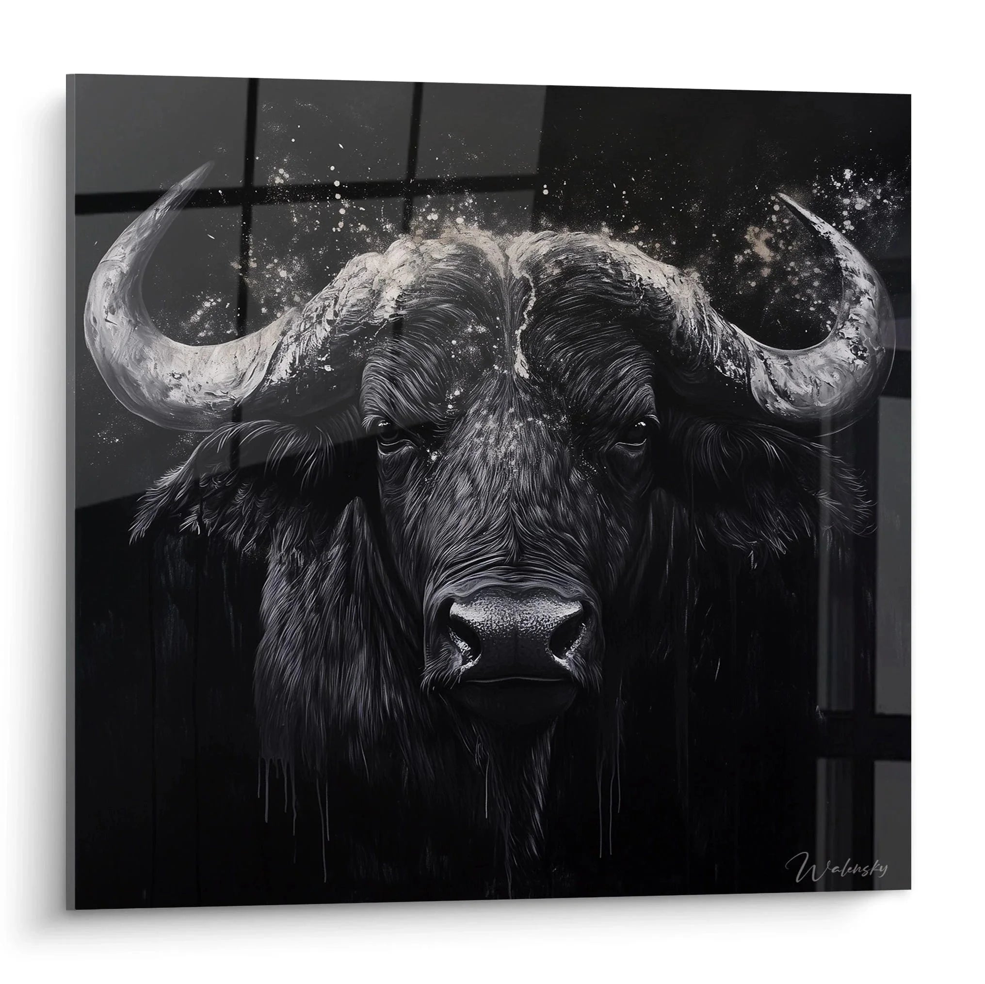 Wandbild Wasserbüffel in Schwarz-Weiß mit kraftvollem Blick und Wassertropfen - Edition Büffel