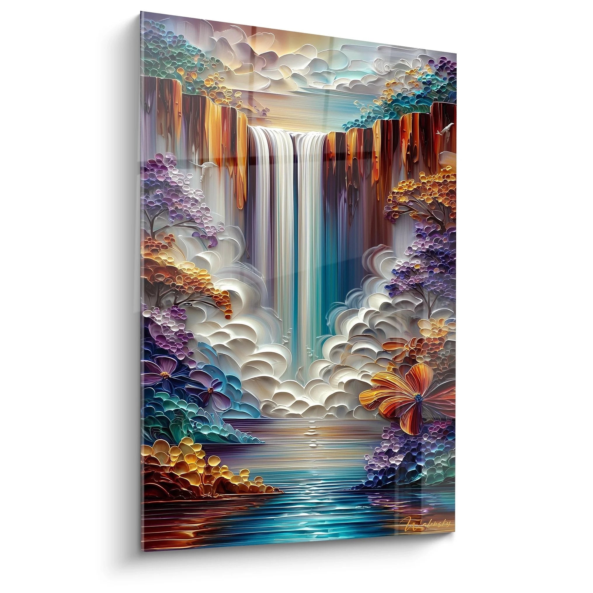 3D Papierkunst Wandbild Wasserfall mit Regenbogenfarben und Quilling-Technik