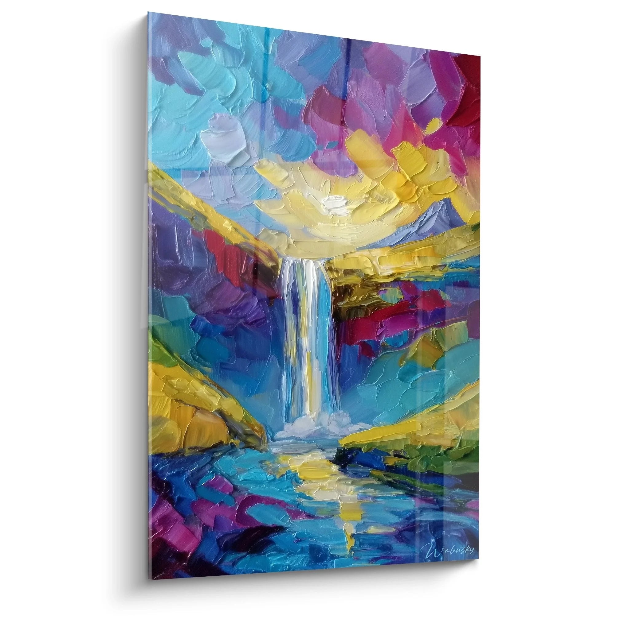 Wandbild Wasserfall abstrakt mit bunter Farbexplosion, moderne Acrylmalerei XXL für Wohnzimmer