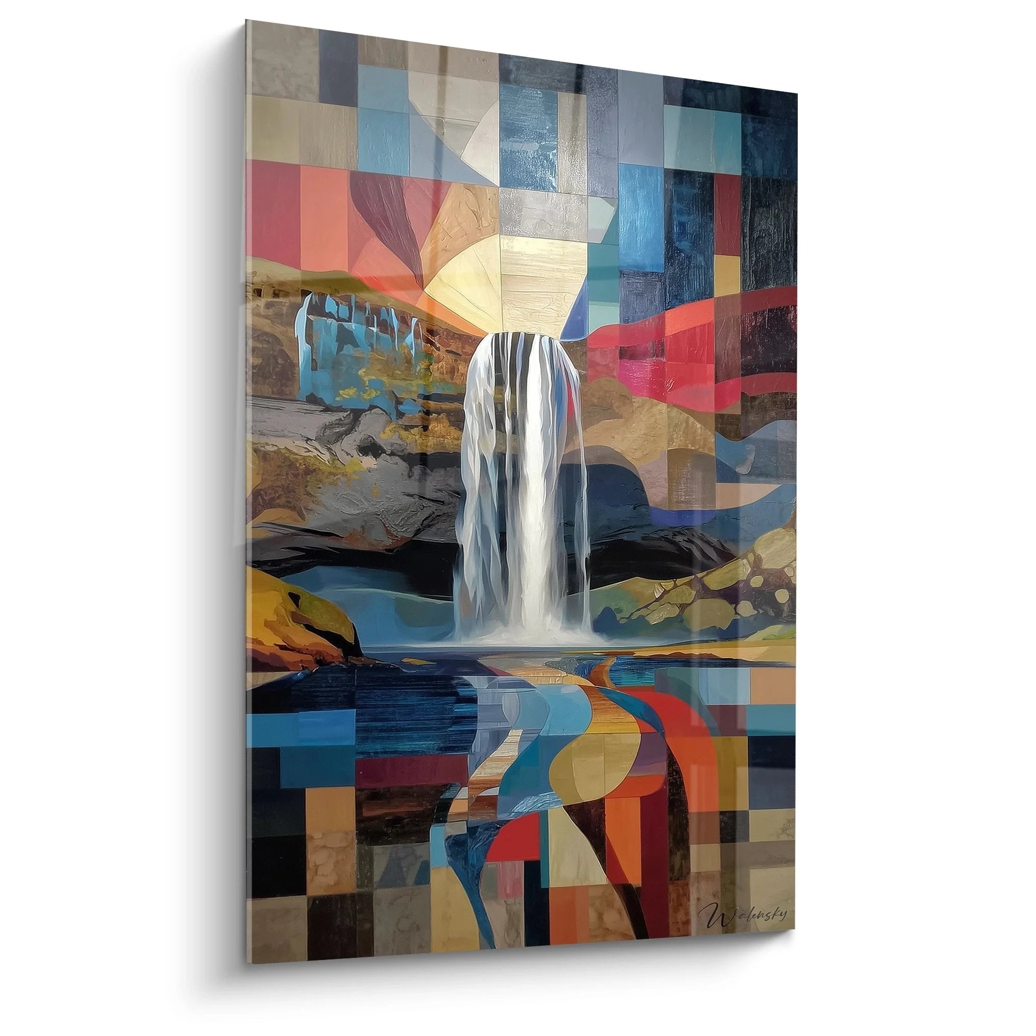 Wandbild Wasserfall abstrakt geometrisch mit bunten Farbfeldern und realistischem Wasserfall