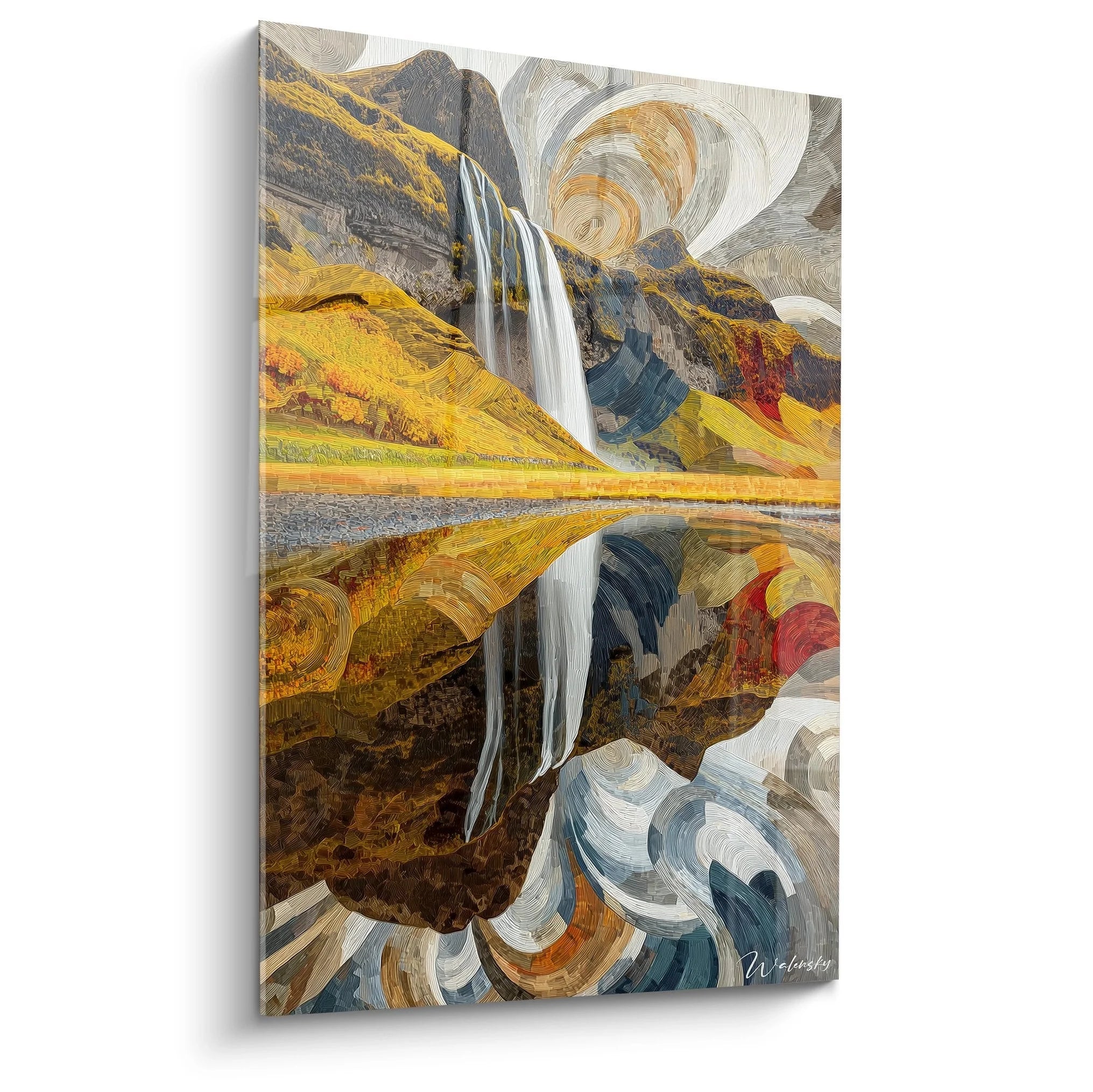Abstraktes Wandbild Wasserfall mit goldener Berglandschaft und kreisförmigen Himmelselementen in Premium-Qualität