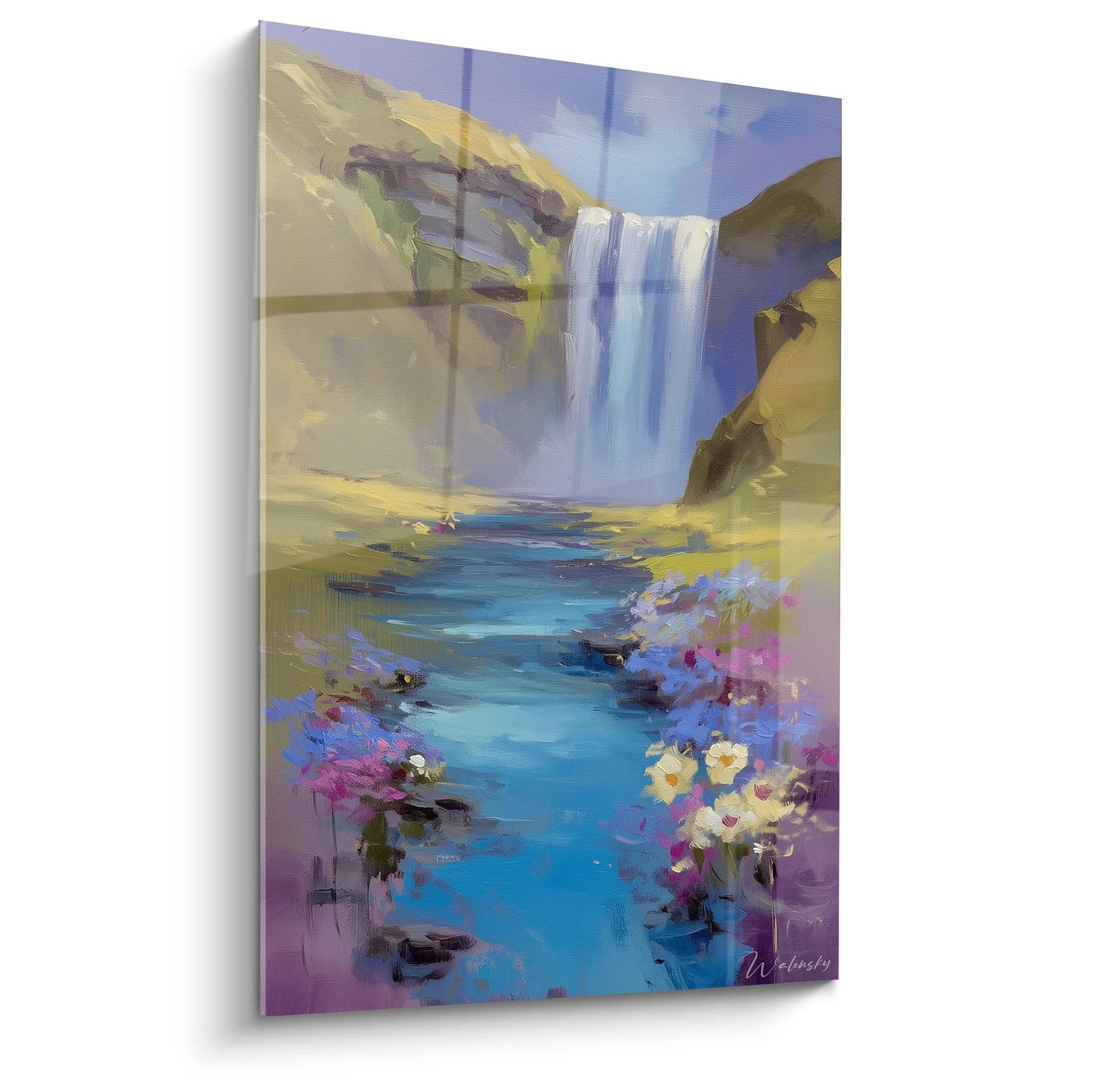 Wandbild Wasserfall mit Berglandschaft und bunten Blüten - Kunstdruck auf Leinwand - Edition Wasserfall