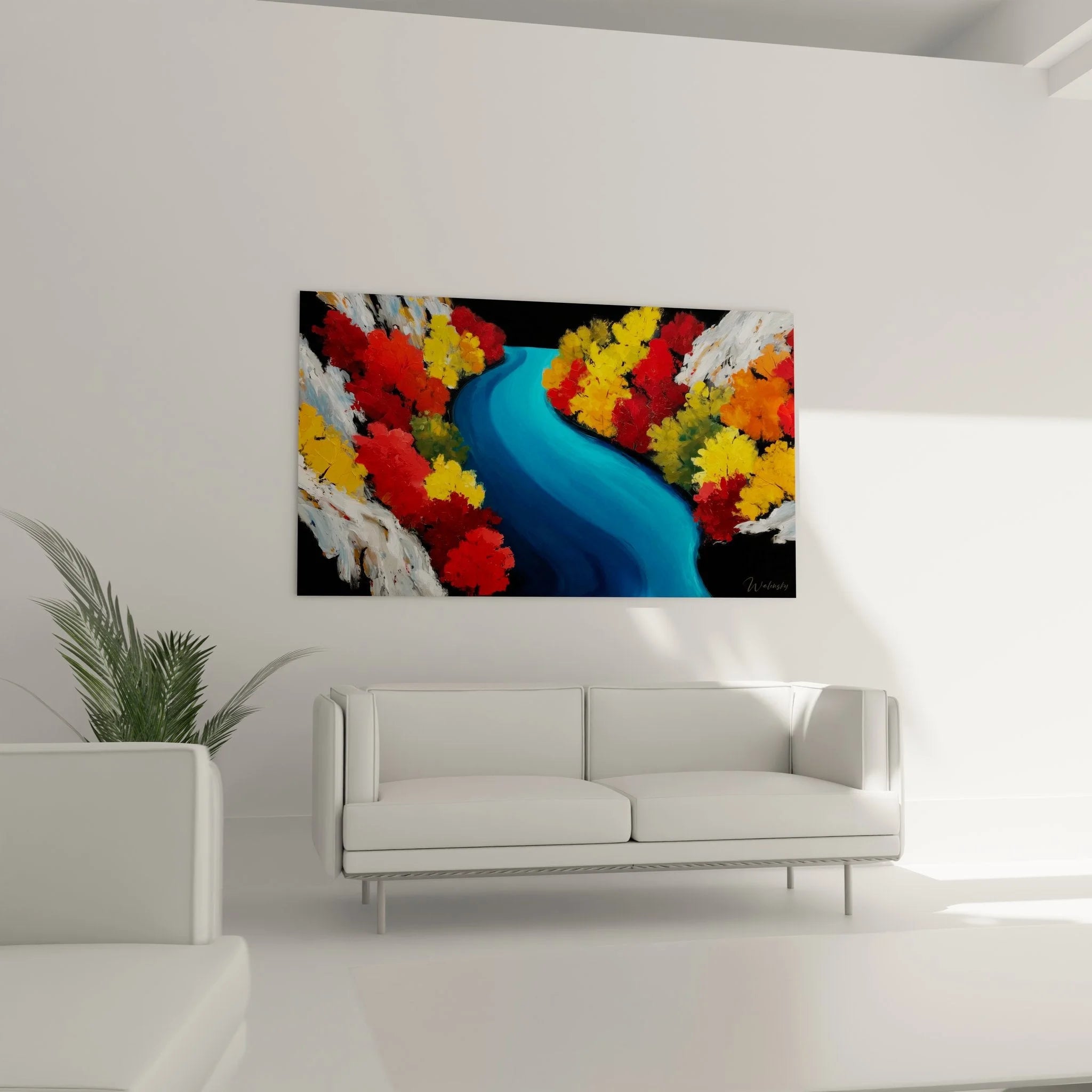 Detailansicht Wandbild Wasserfall mit herbstlichen Farben und expressiven Pinselstrichen