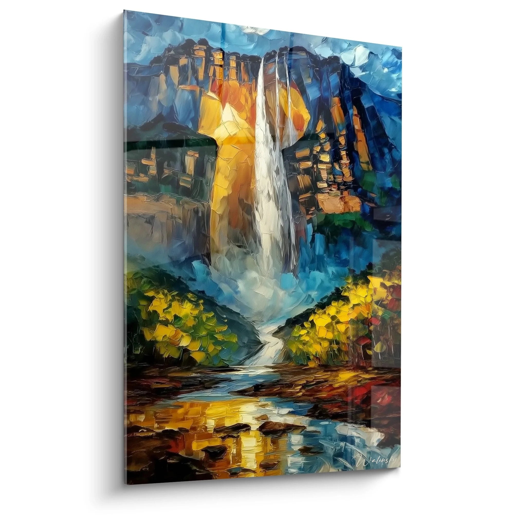 Wandbild Wasserfall mit majestätischer Felskaskade im goldenen Abendlicht, expressiver Malstil mit warmen Farbtönen