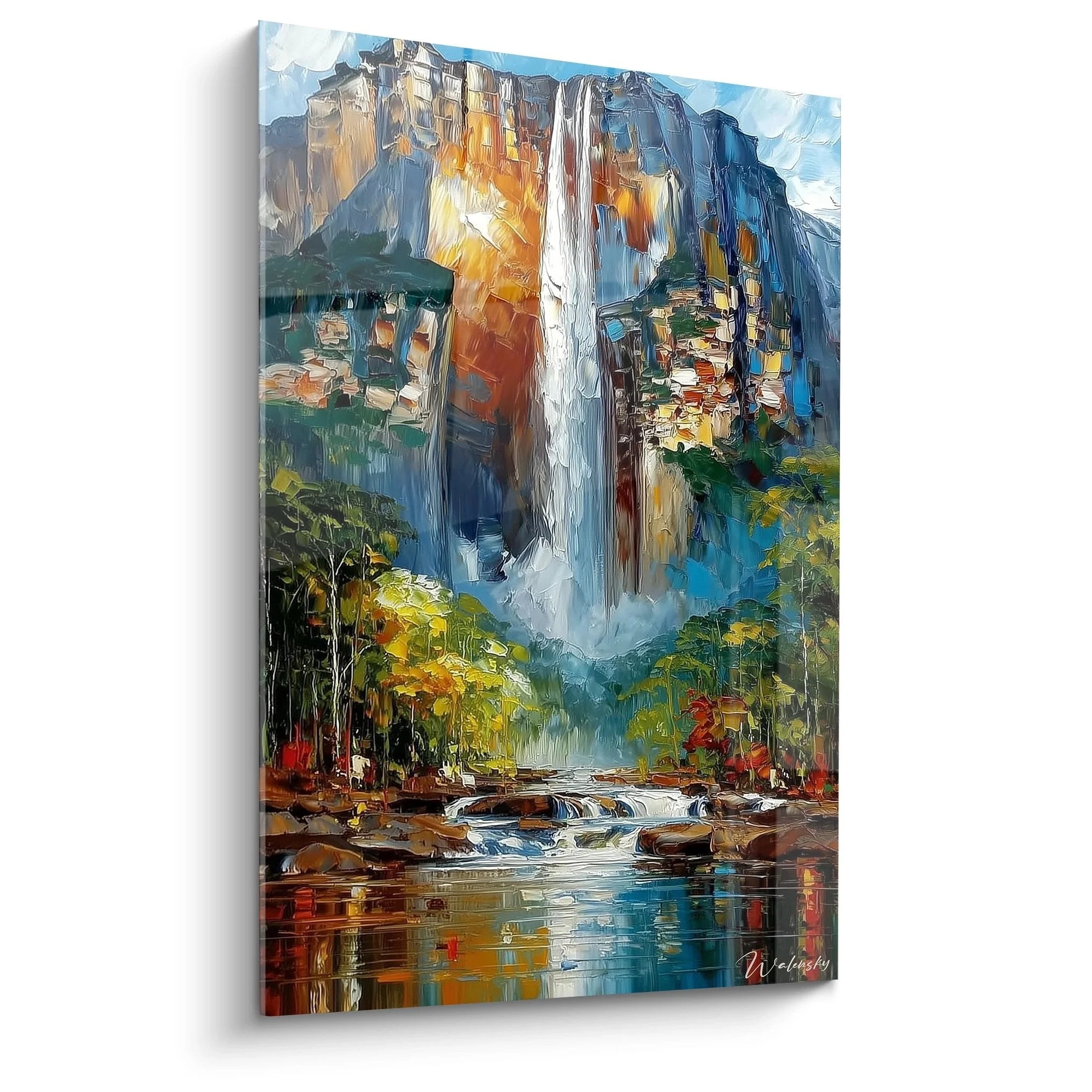Wandbild Wasserfall Gebirge mit majestätischen Klippen und Herbstlandschaft als Kunstdruck