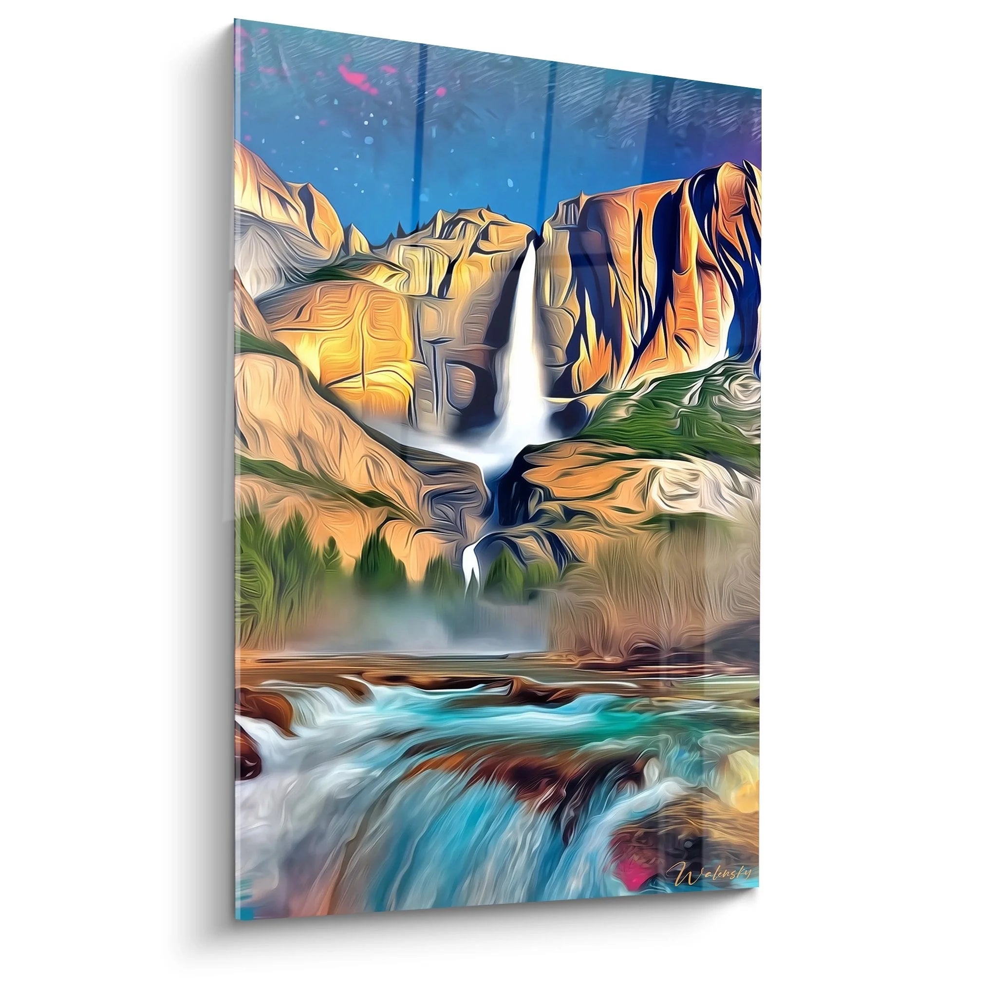 Wandbild Wasserfall mit majestätischer Gebirgsszenerie und tropischen Elementen in warmen Erdtönen