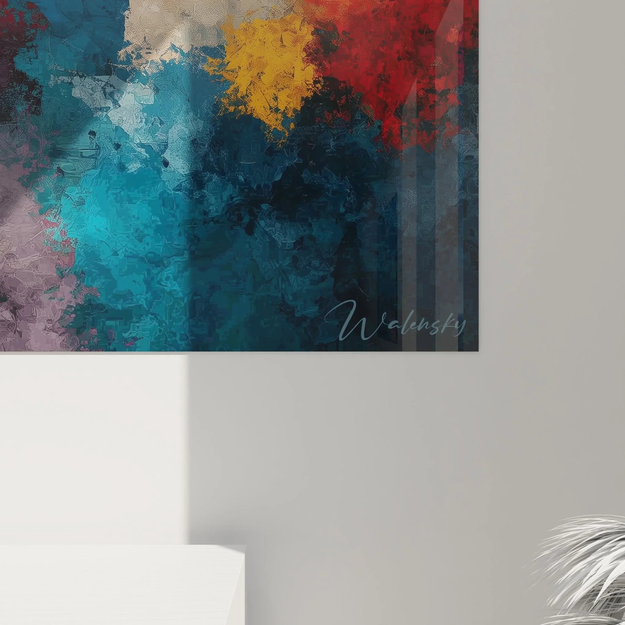 Gesamtansicht Wandbild Wasserfall - Moderne Felslandschaft Wanddeko mit mystischer Farbexplosion