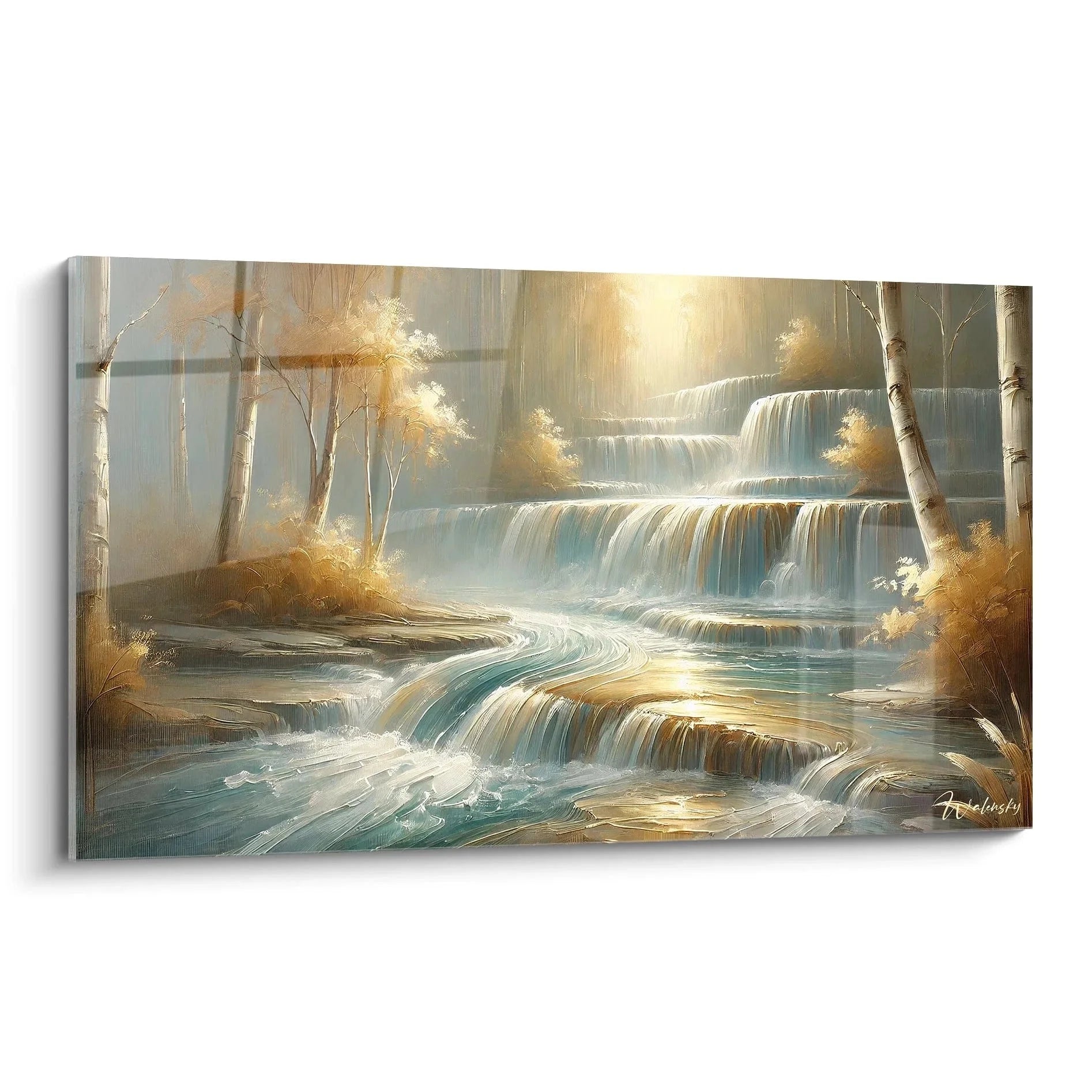 Wandbild Wasserfall mit goldenen Kaskaden und Birken im warmen Sonnenlicht, Edition Wasserfall