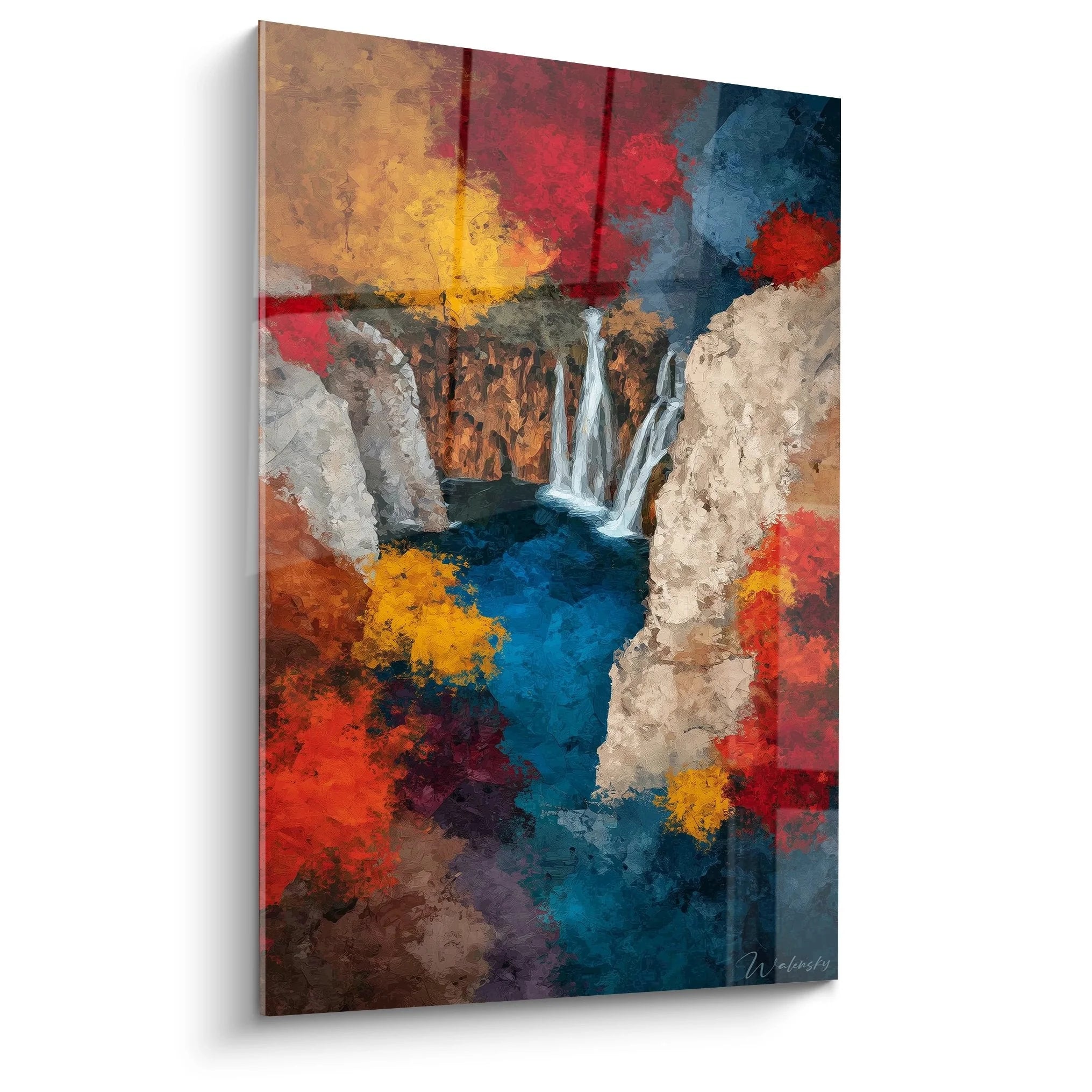 Wandbild Wasserfall mit herbstlicher Felslandschaft in warmen Farben - Premium Wanddeko See Motiv