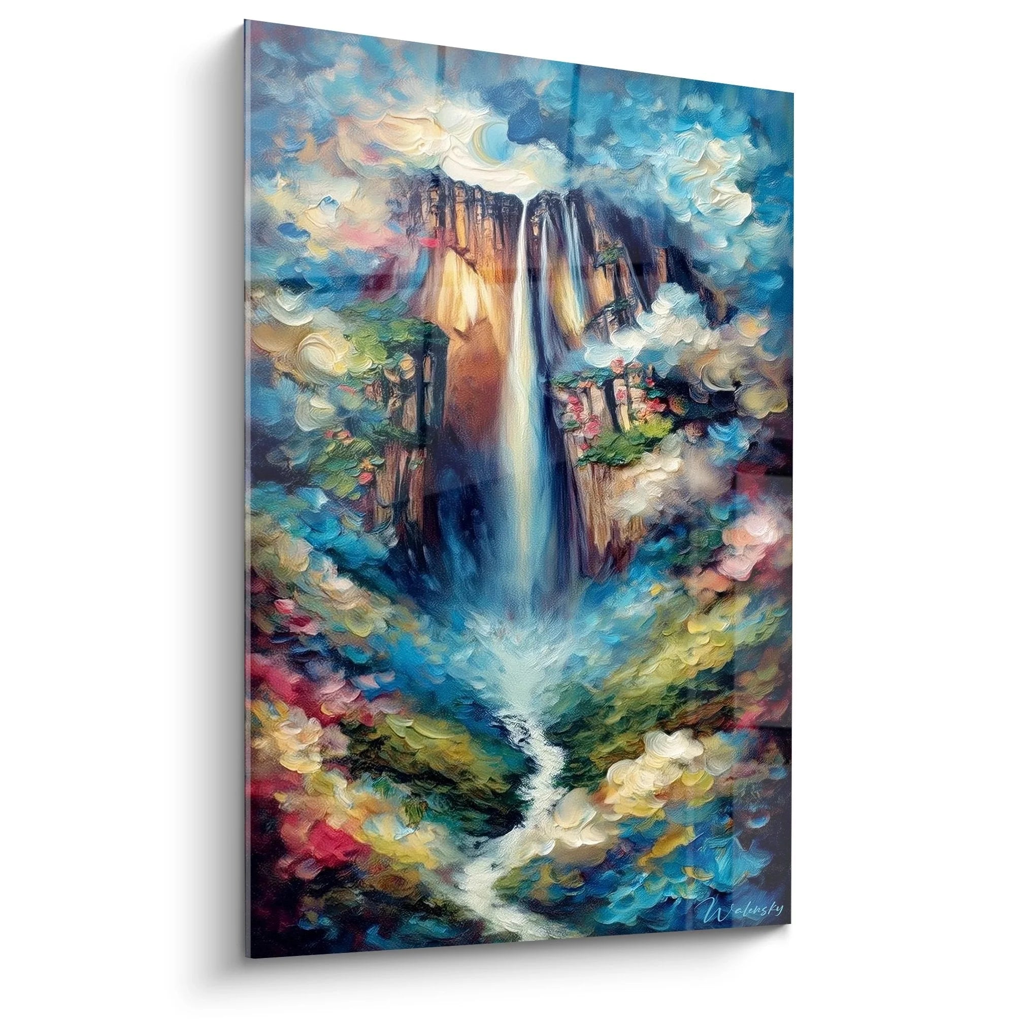 Impressionistisches Wandbild Wasserfall mit dramatischen Farben und majestätischer Berglandschaft